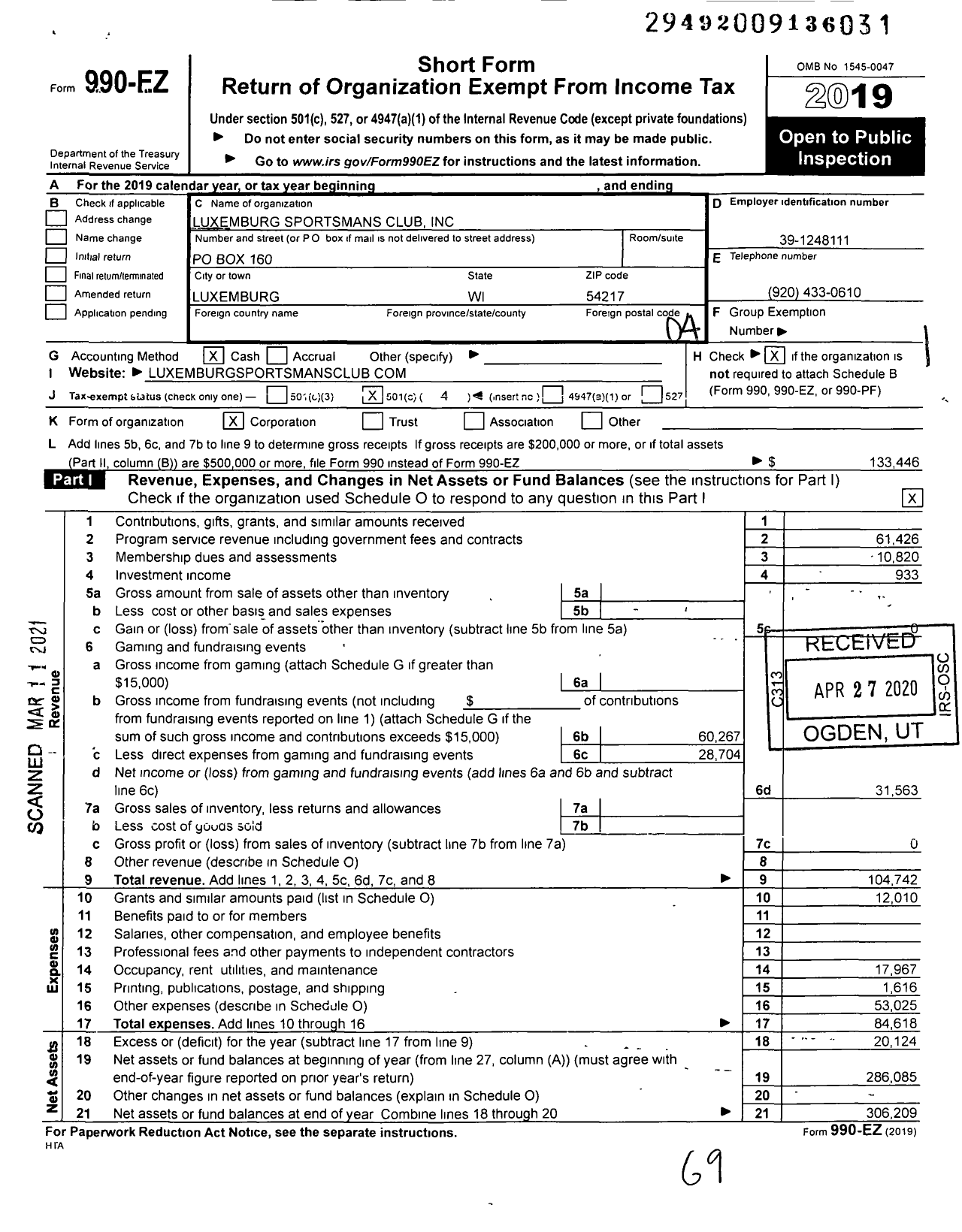 Image of first page of 2019 Form 990EO for Luxemburg Sportsmans Club