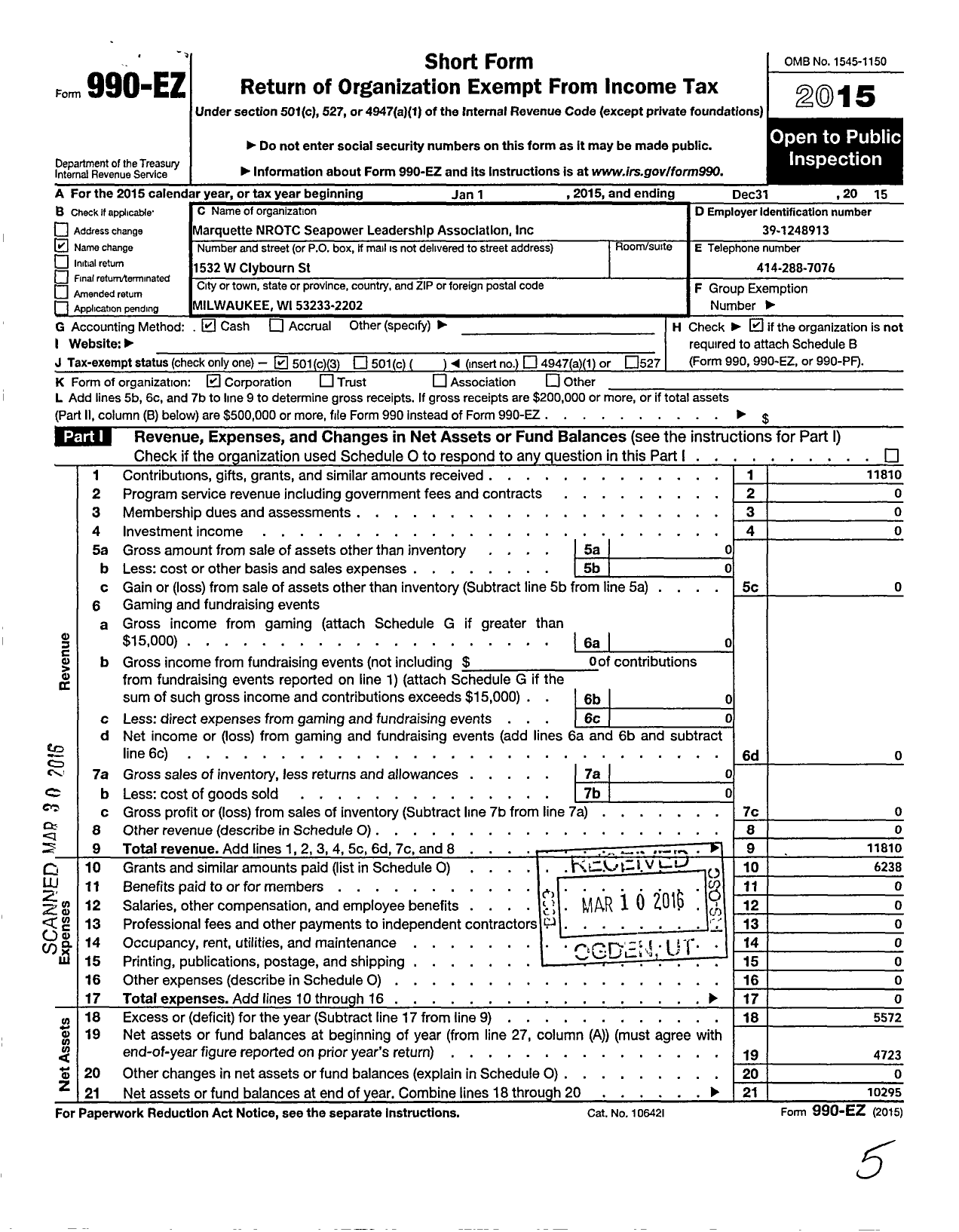 Image of first page of 2015 Form 990EZ for Marquette Nrotc Seapower Leadership Association