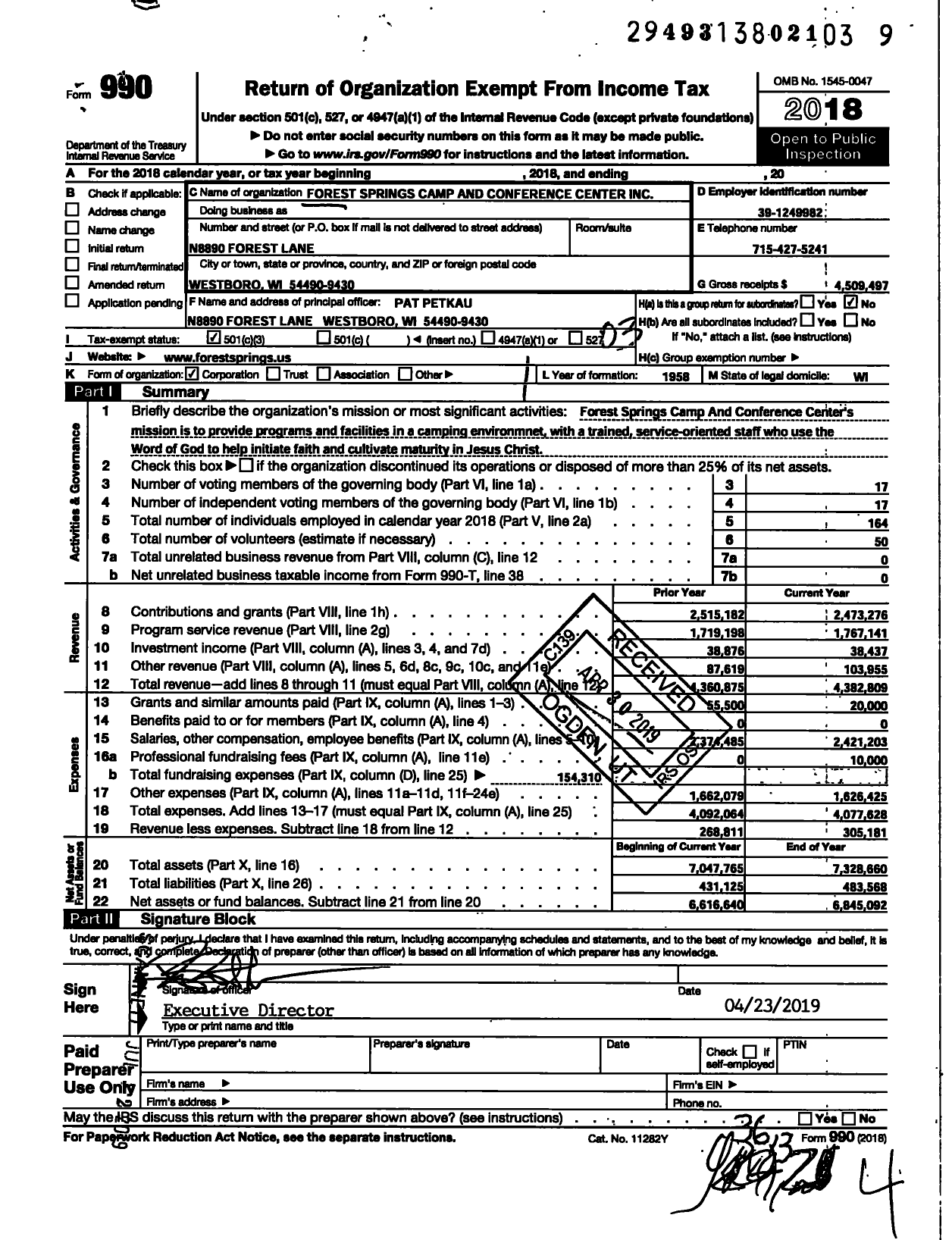 Image of first page of 2018 Form 990 for Forest Springs Camp and Conference Center