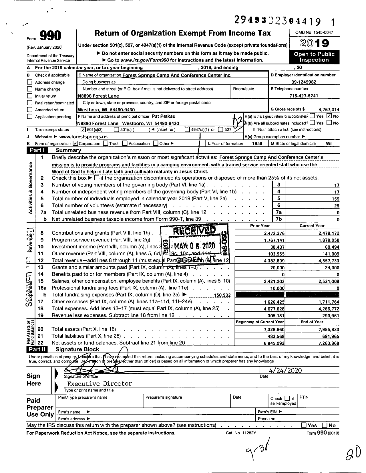 Image of first page of 2019 Form 990 for Forest Springs Camp and Conference Center