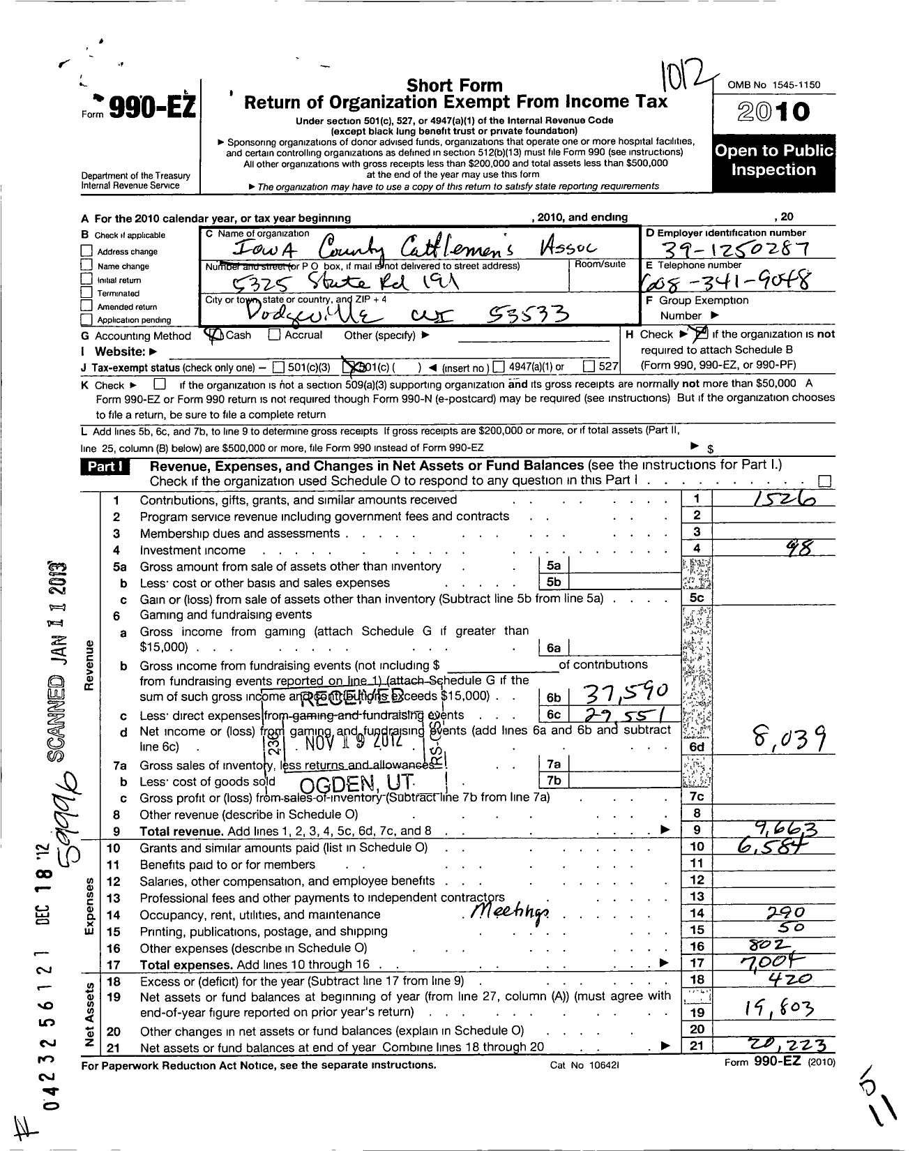 Image of first page of 2010 Form 990EO for Iowa County Cattlemens Association