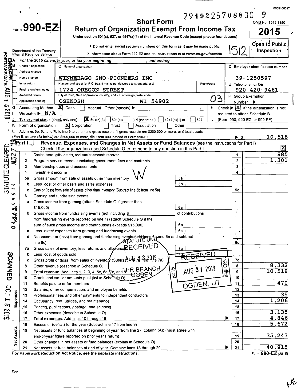 Image of first page of 2015 Form 990EZ for Winnebago Sno-Pioneers