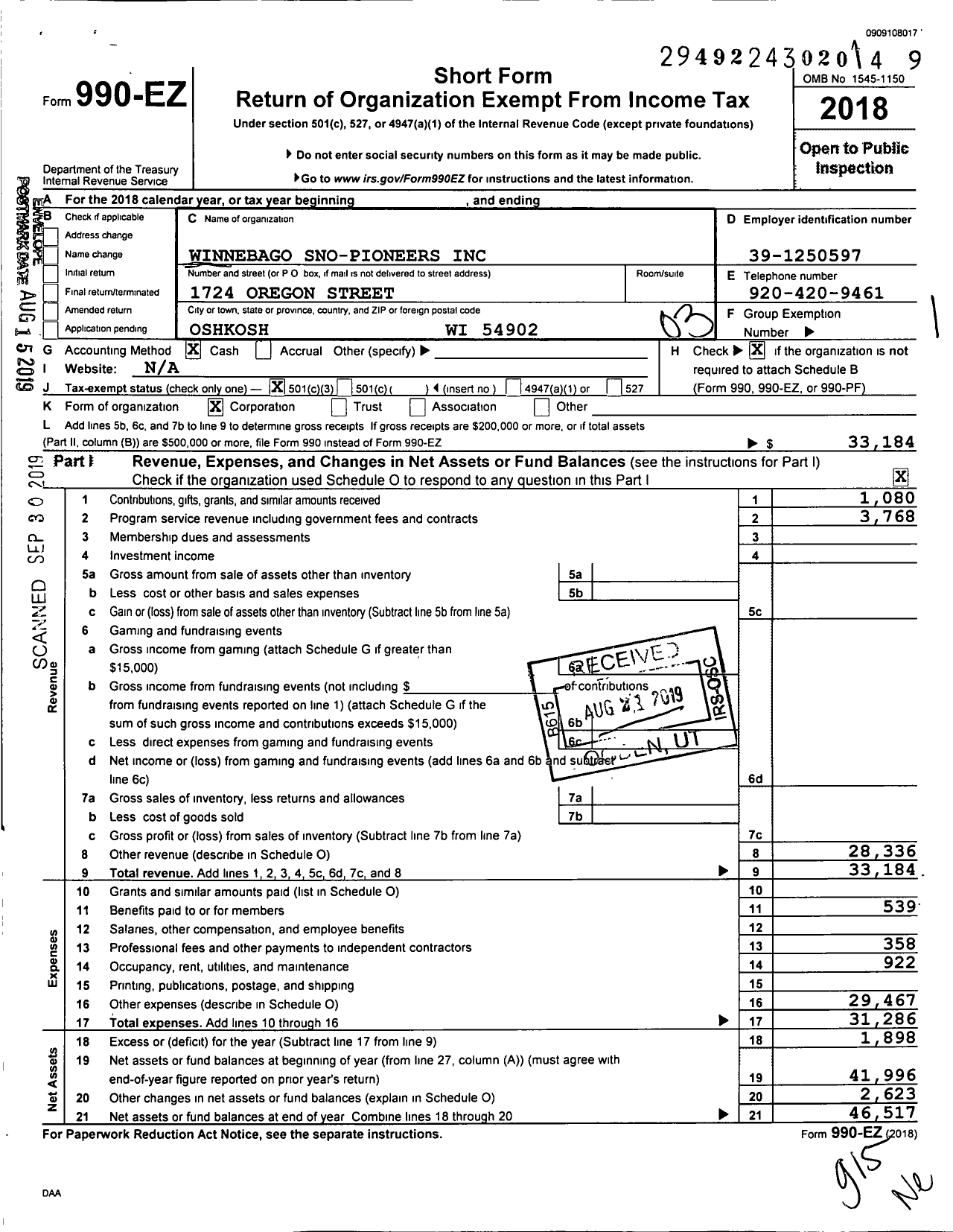 Image of first page of 2018 Form 990EZ for Winnebago Sno-Pioneers