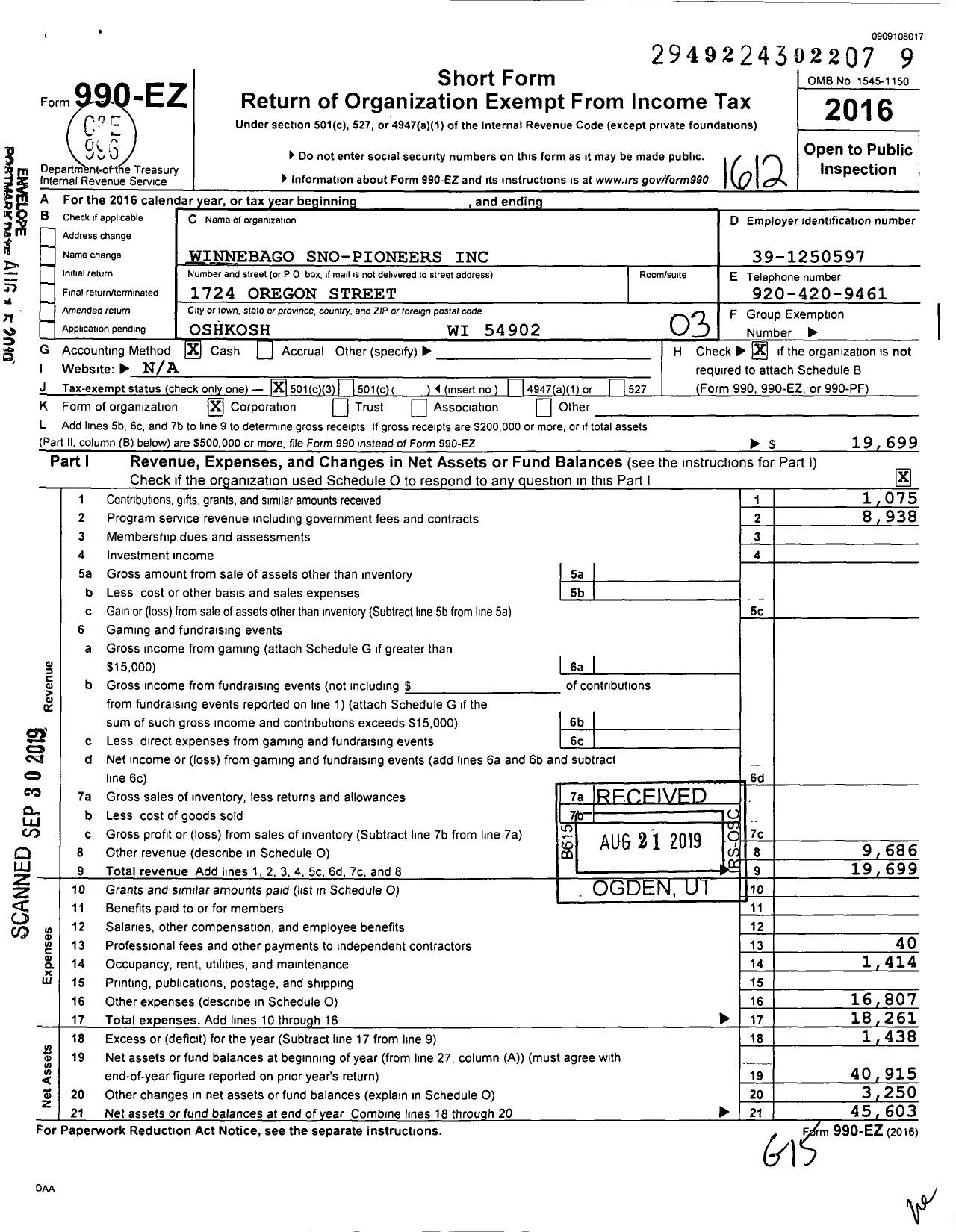 Image of first page of 2016 Form 990EZ for Winnebago Sno-Pioneers