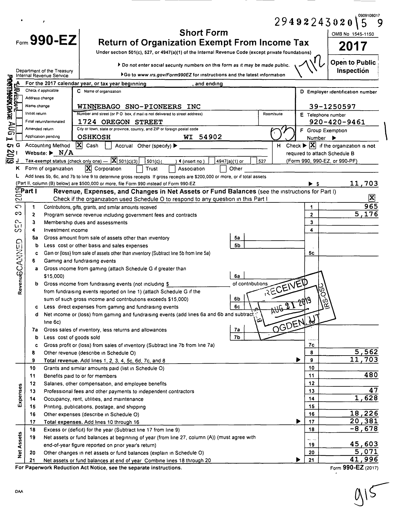 Image of first page of 2017 Form 990EZ for Winnebago Sno-Pioneers