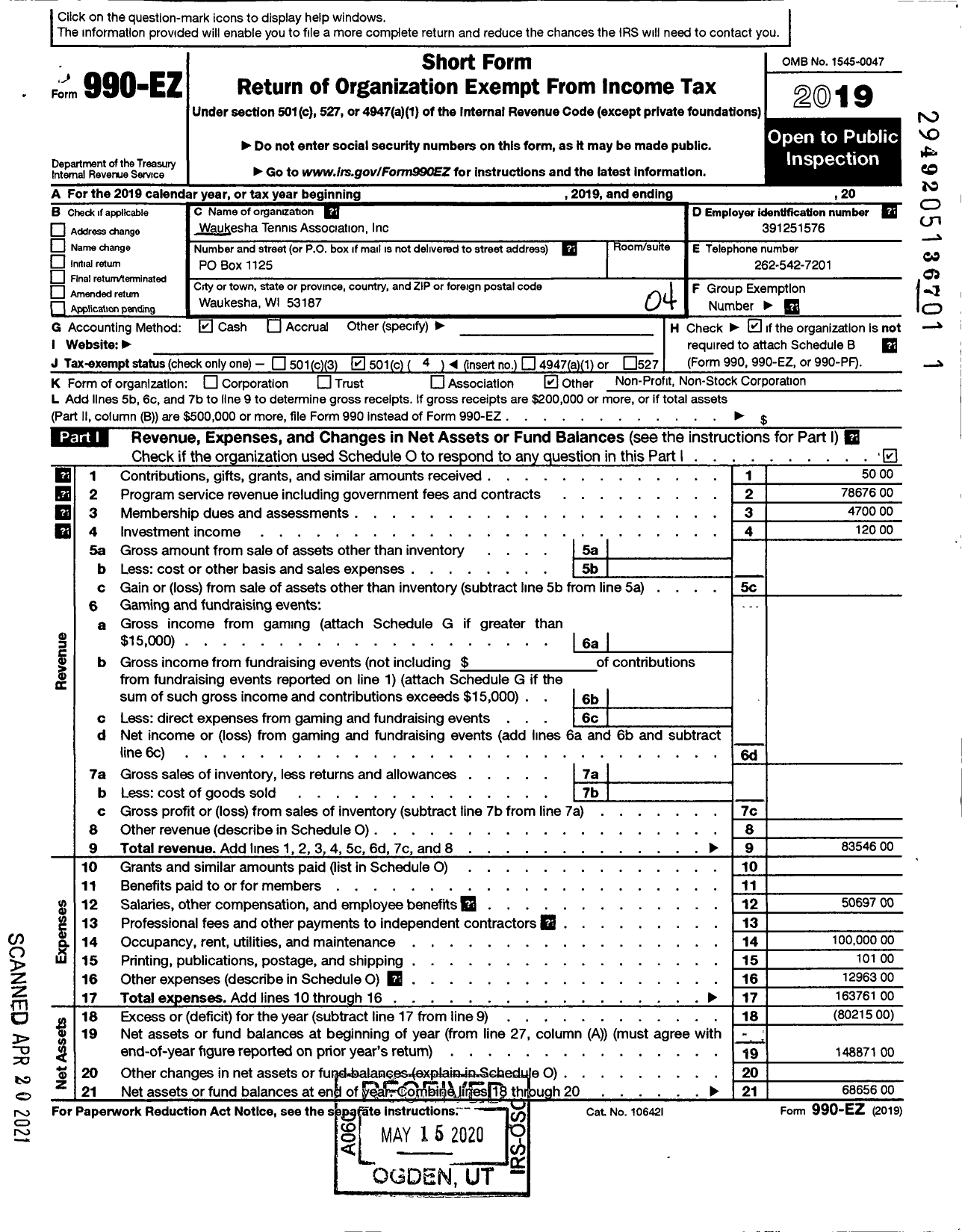 Image of first page of 2019 Form 990EO for Waukesha Tennis Association