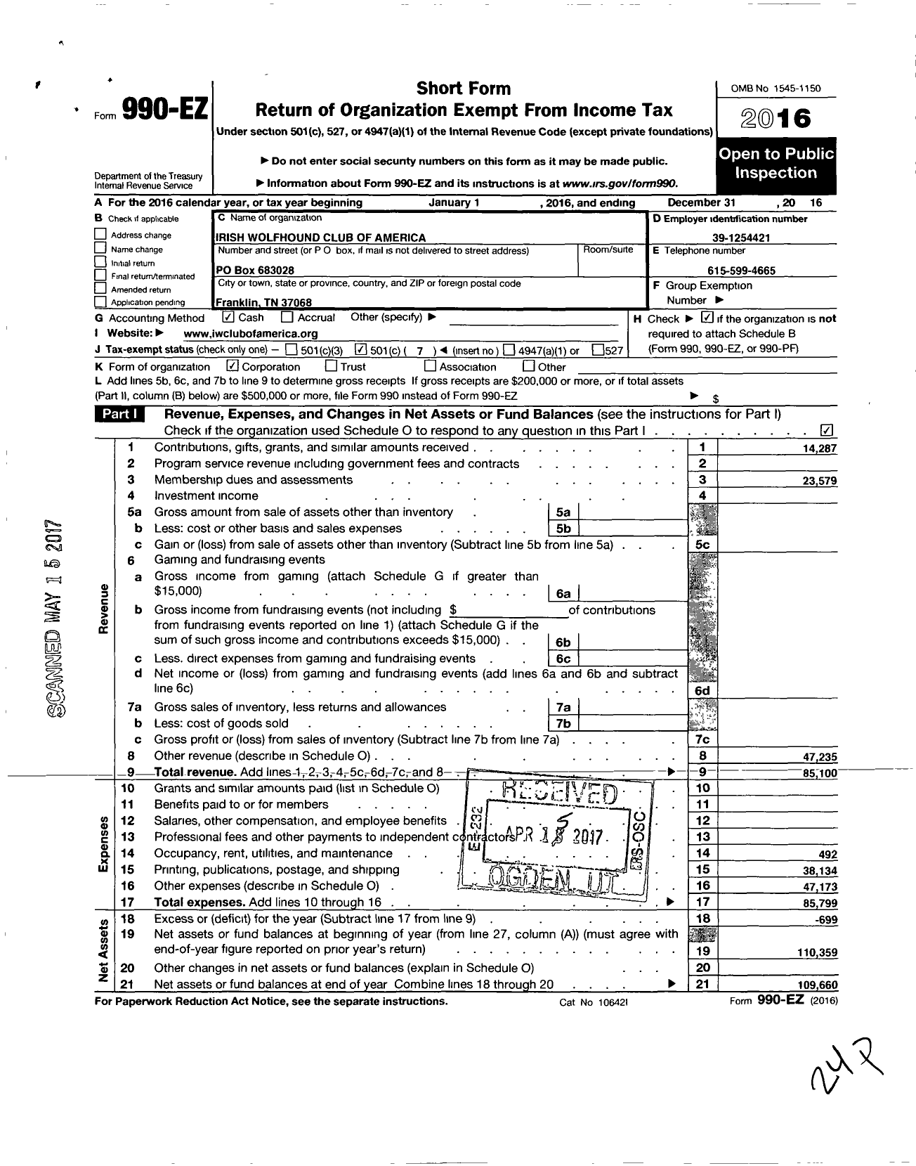 Image of first page of 2016 Form 990EO for Irish Wolfhound Club of America