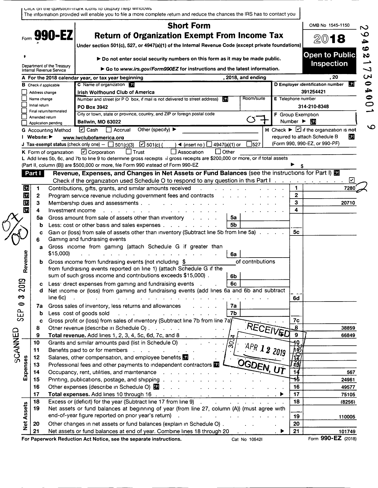 Image of first page of 2018 Form 990EO for Irish Wolfhound Club of America