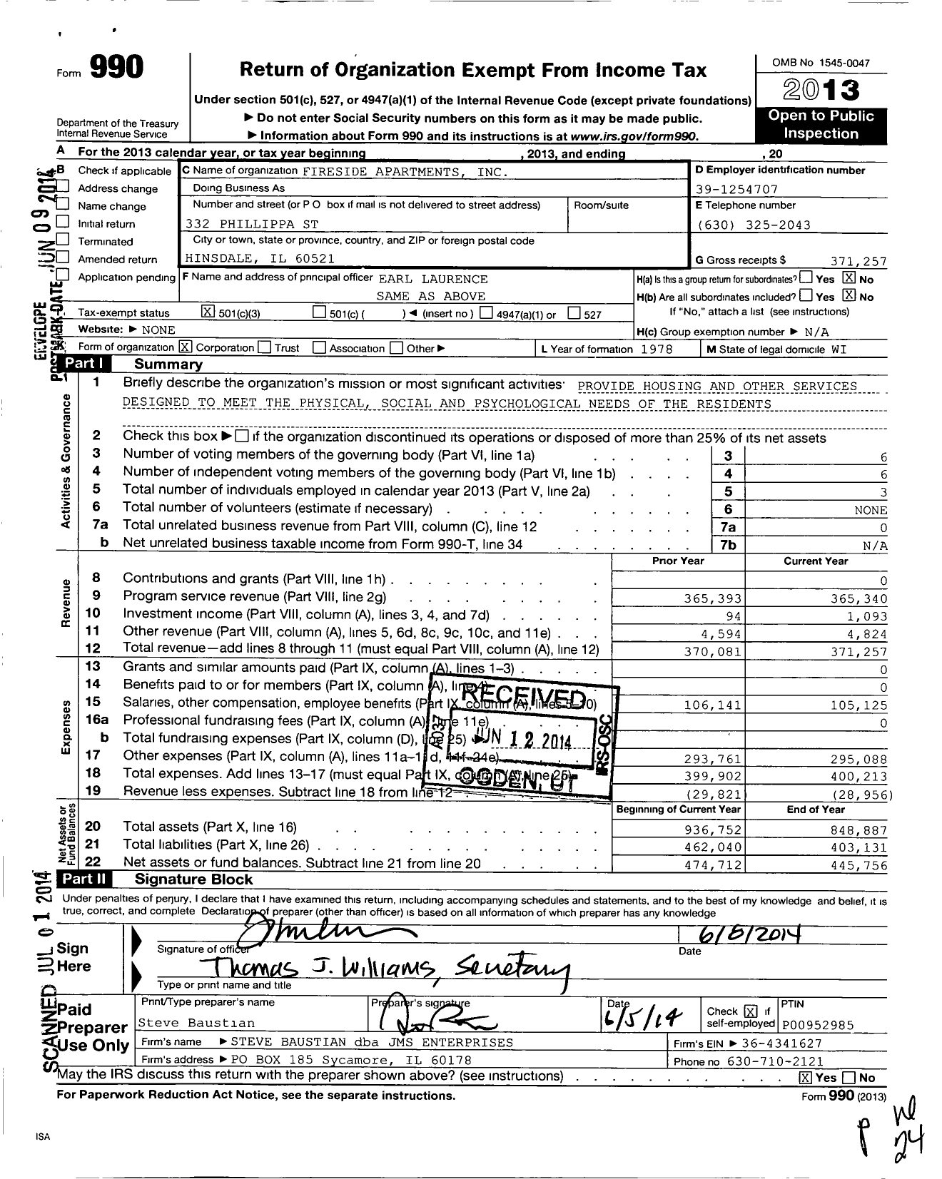 Image of first page of 2013 Form 990 for Fireside Apartments