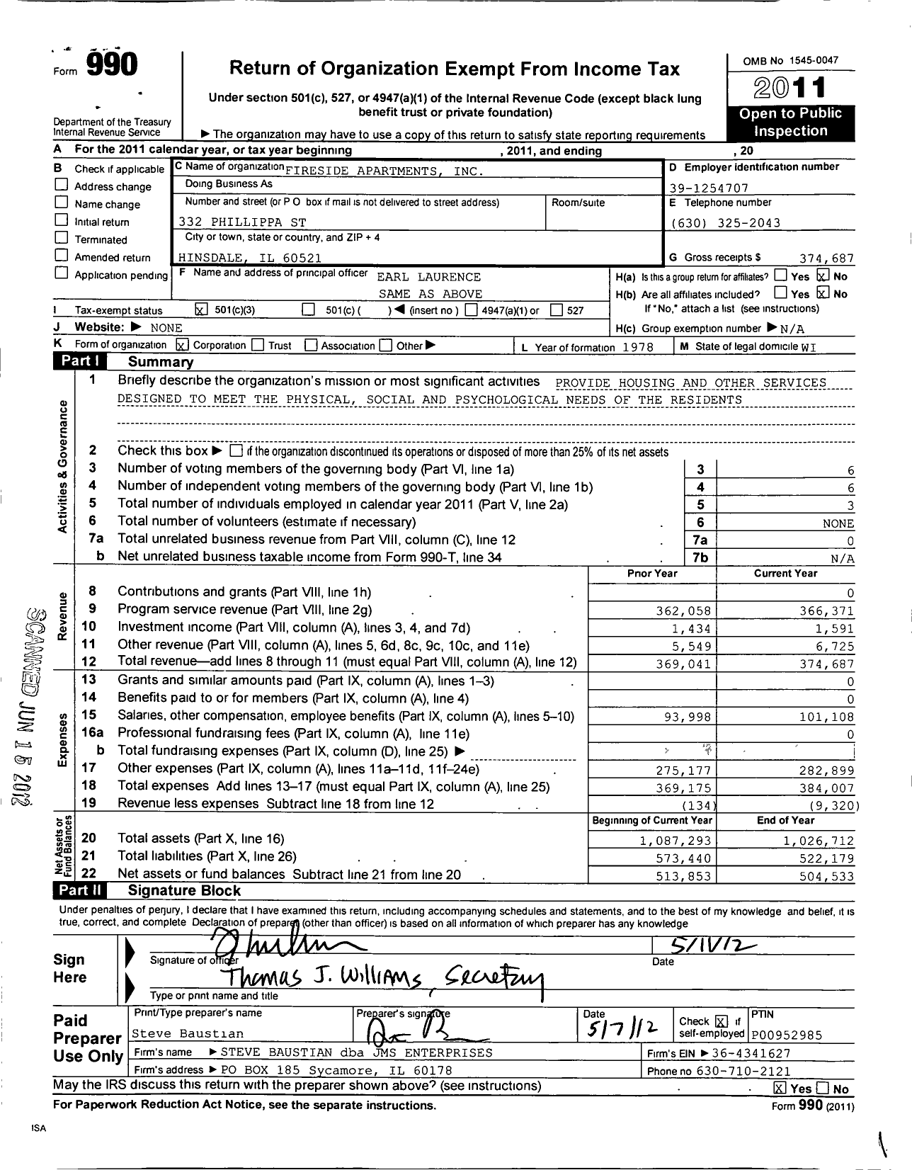 Image of first page of 2011 Form 990 for Fireside Apartments