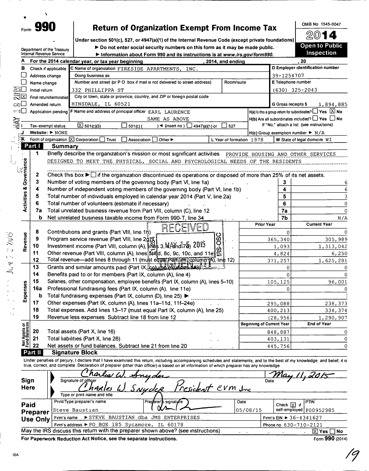 Image of first page of 2014 Form 990 for Fireside Apartments