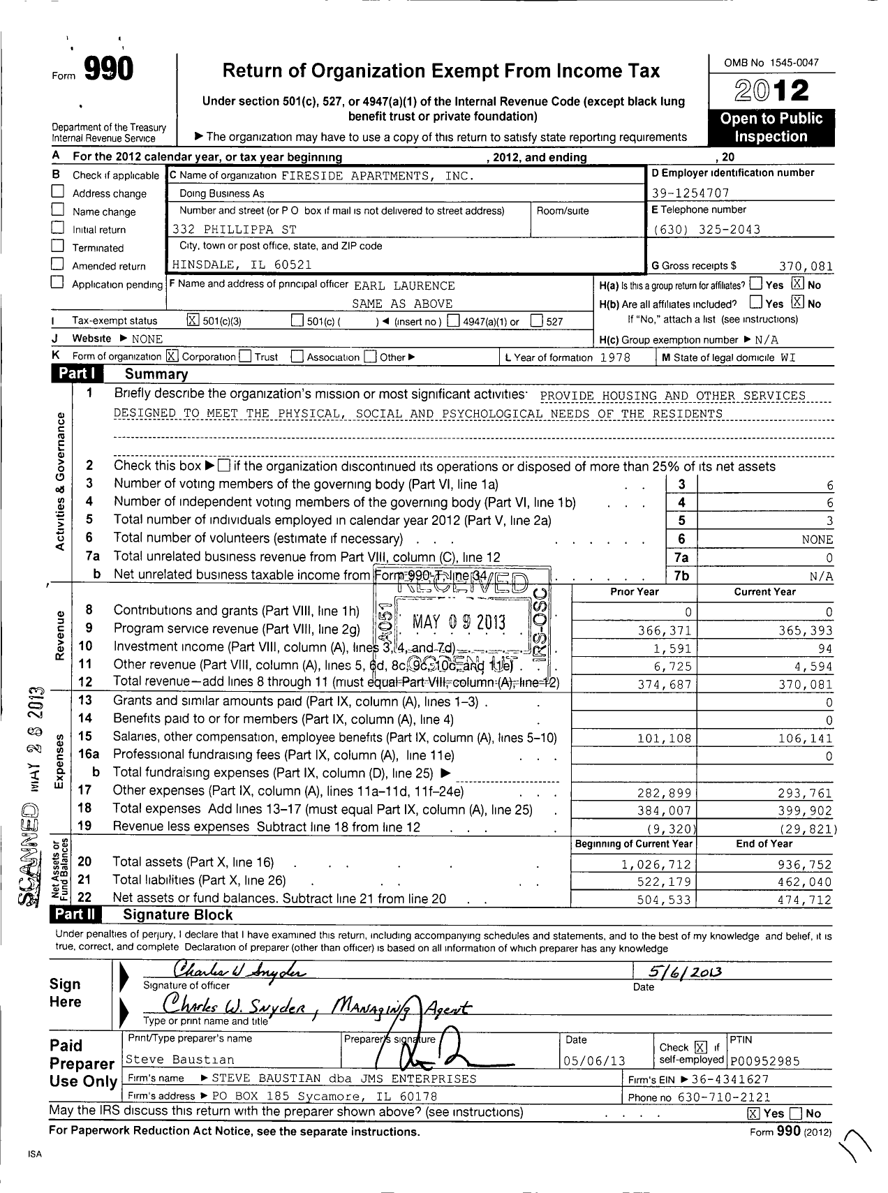 Image of first page of 2012 Form 990 for Fireside Apartments