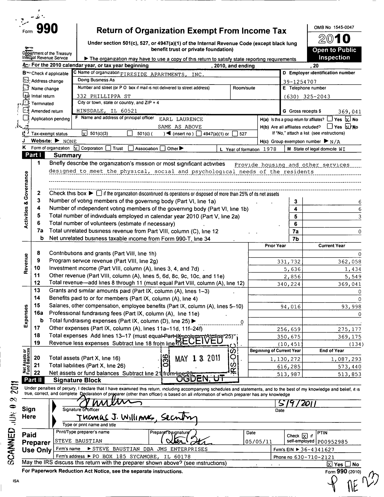 Image of first page of 2010 Form 990 for Fireside Apartments