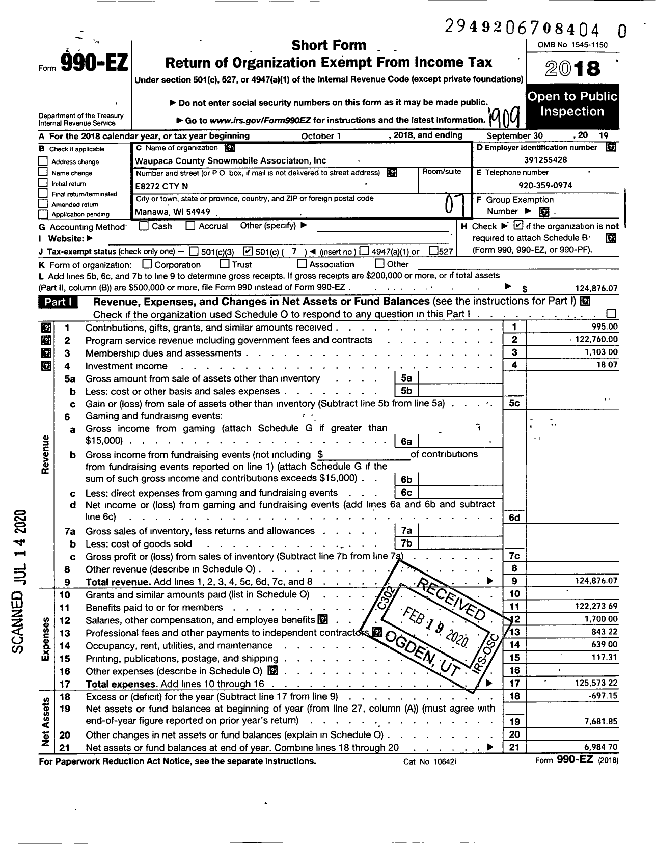 Image of first page of 2018 Form 990EO for Waupaca County Snowmobile Association