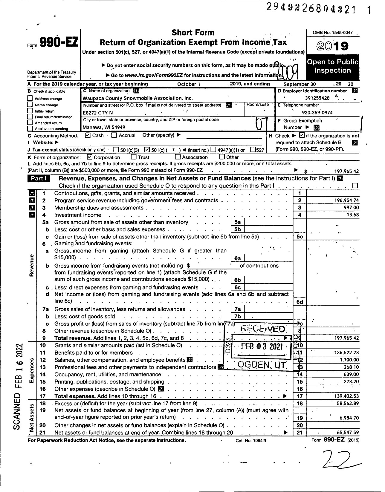 Image of first page of 2019 Form 990EO for Waupaca County Snowmobile Association