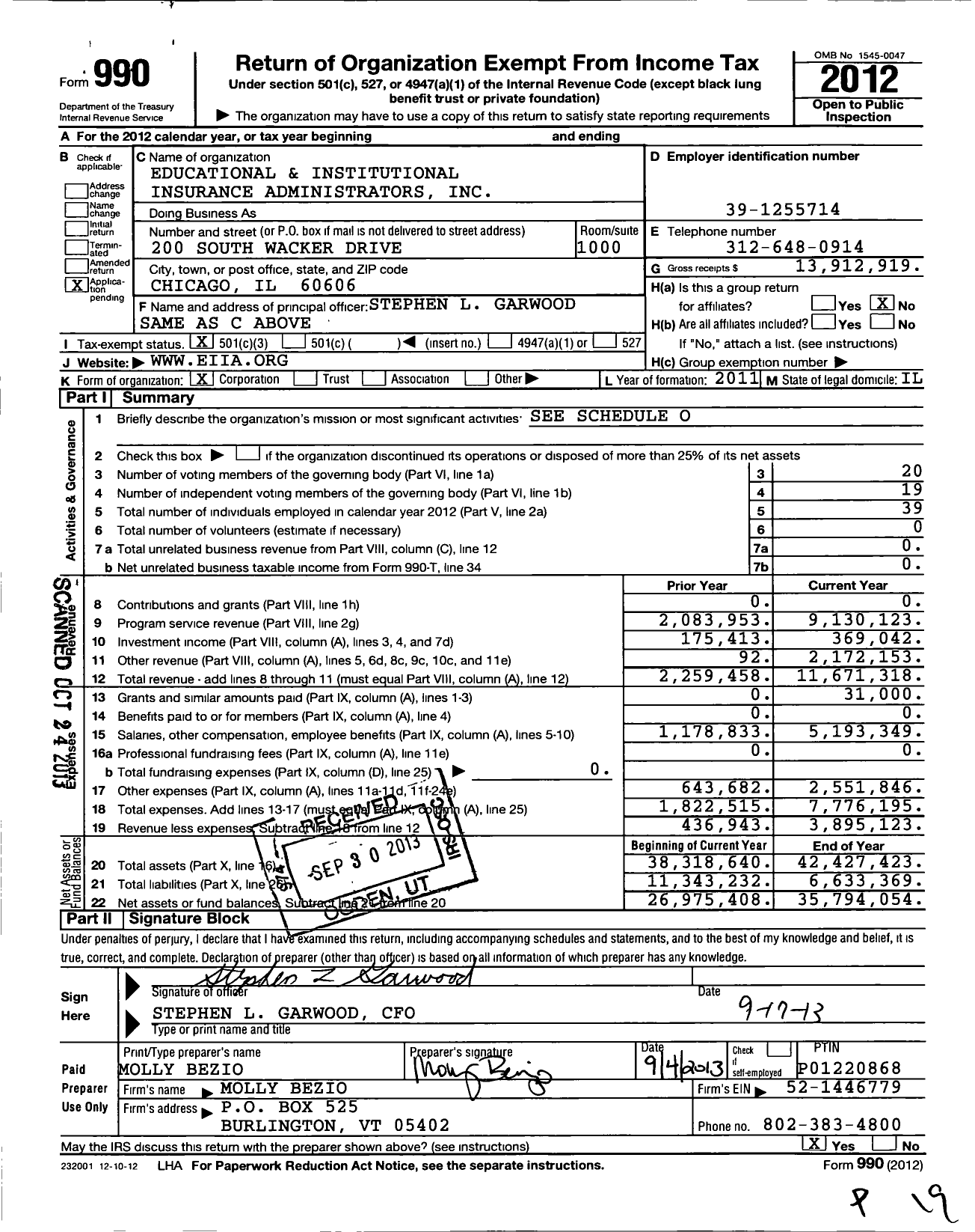 Image of first page of 2012 Form 990 for Educational and Institutional Insurance Administrators (EIIA)