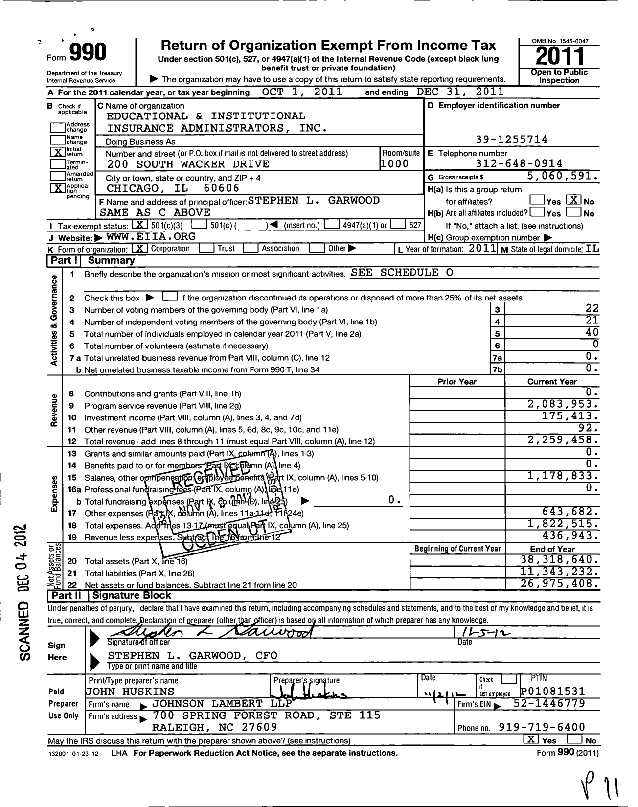 Image of first page of 2011 Form 990 for Educational and Institutional Insurance Administrators (EIIA)