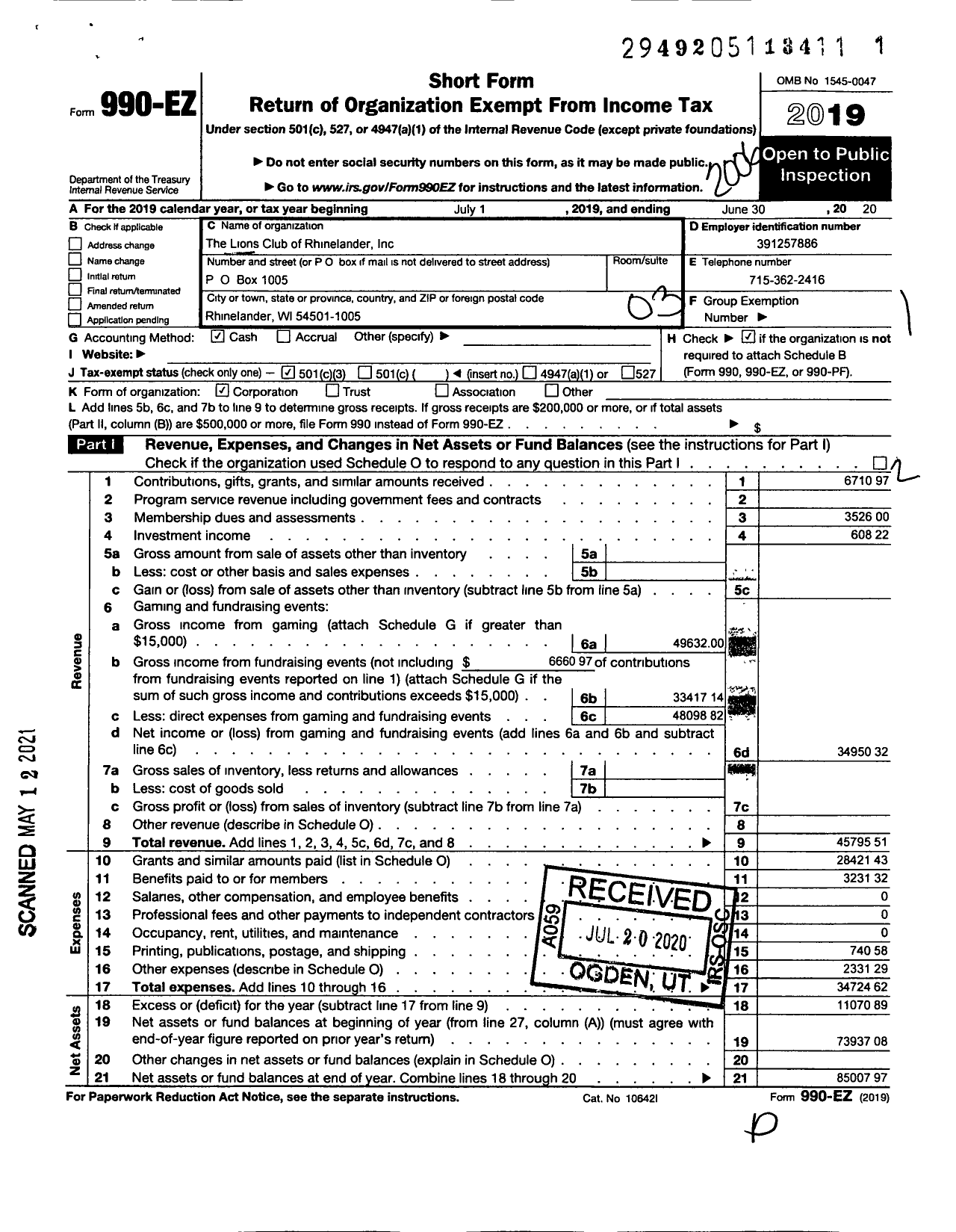 Image of first page of 2019 Form 990EZ for Lions Clubs - 10596 Rhinelander