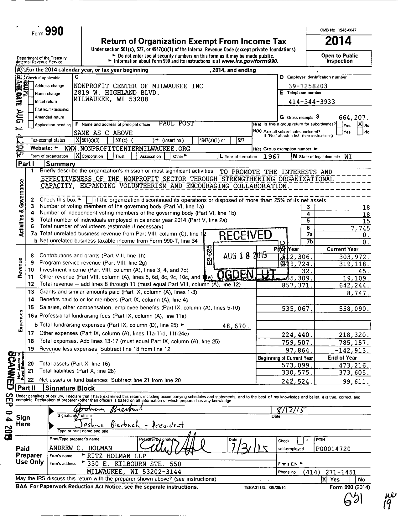 Image of first page of 2014 Form 990 for Nonprofit Center of Milwaukee