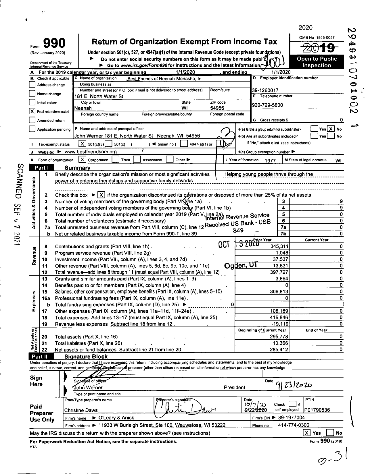 Image of first page of 2019 Form 990 for Best Friends of Neenah-Menasha