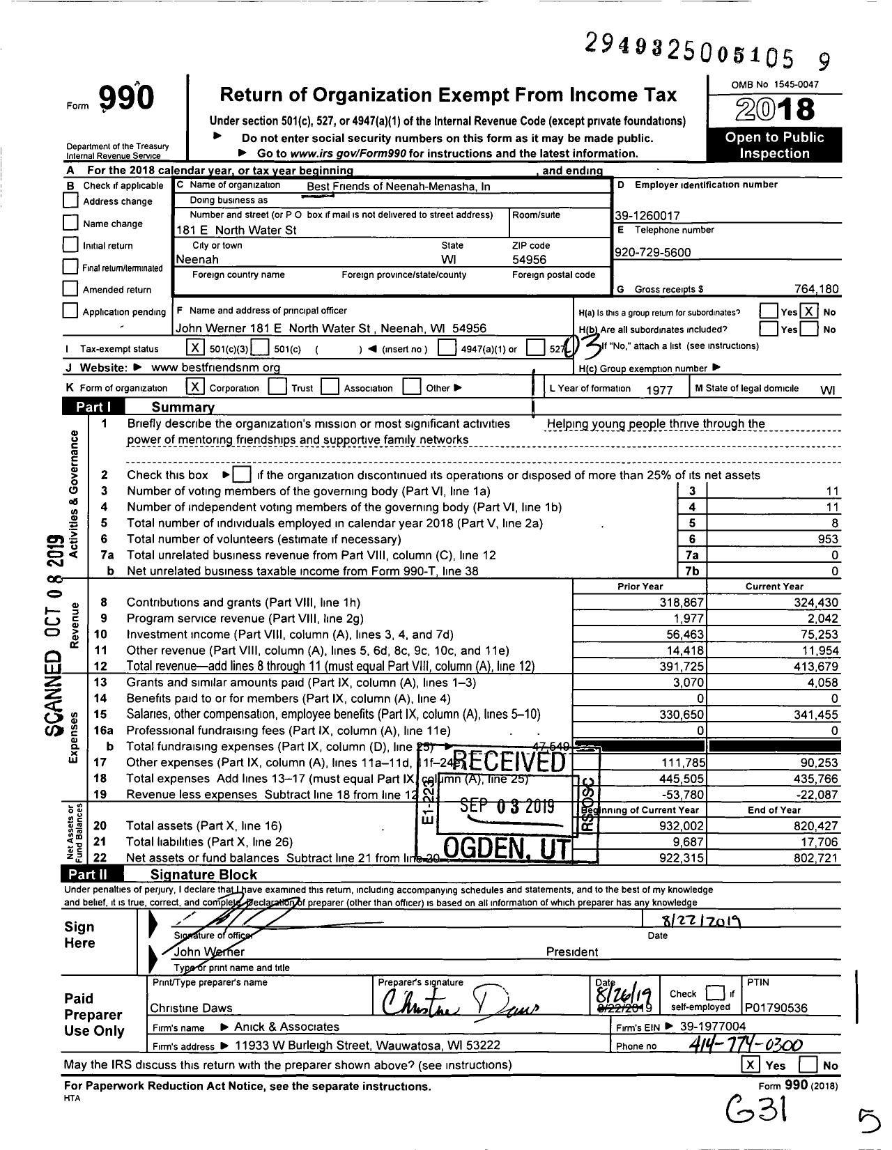 Image of first page of 2018 Form 990 for Best Friends of Neenah-Menasha