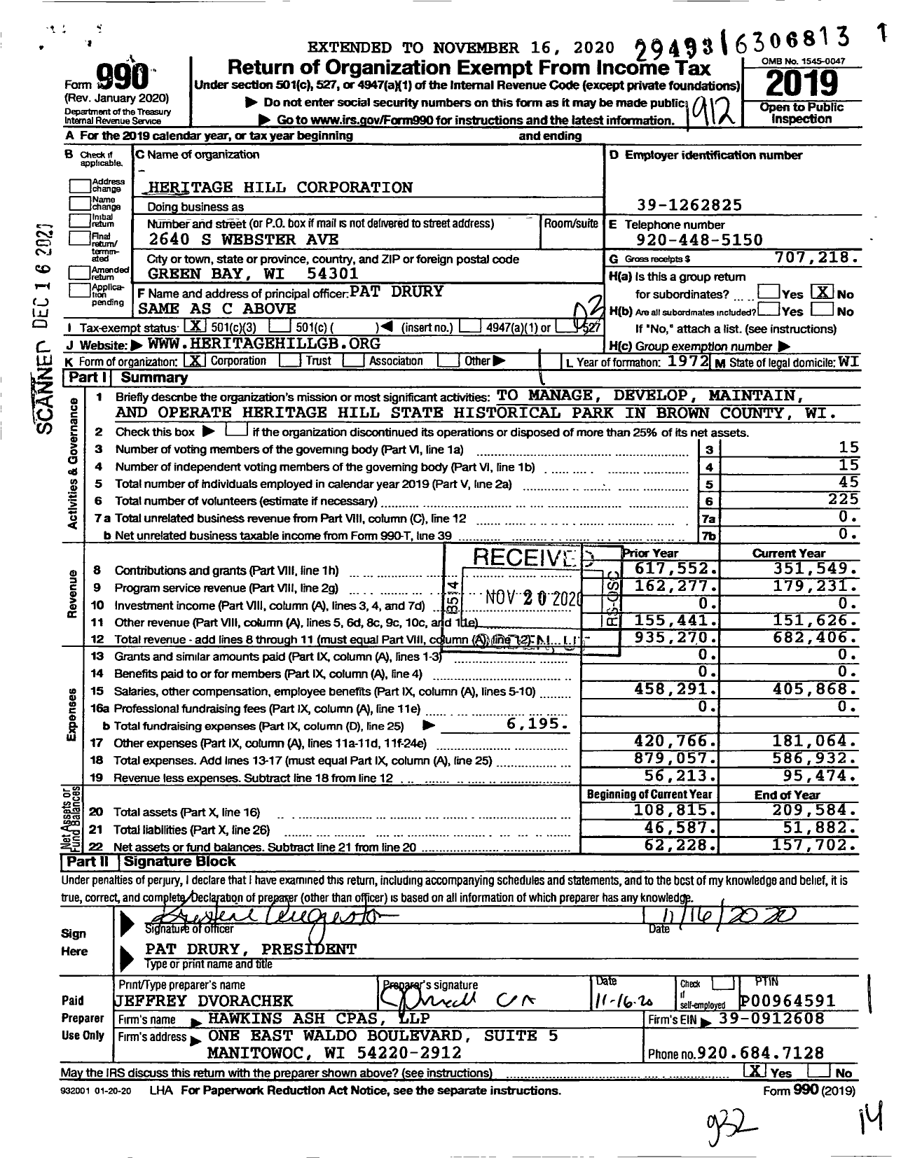 Image of first page of 2019 Form 990 for Heritage Hill Corporation