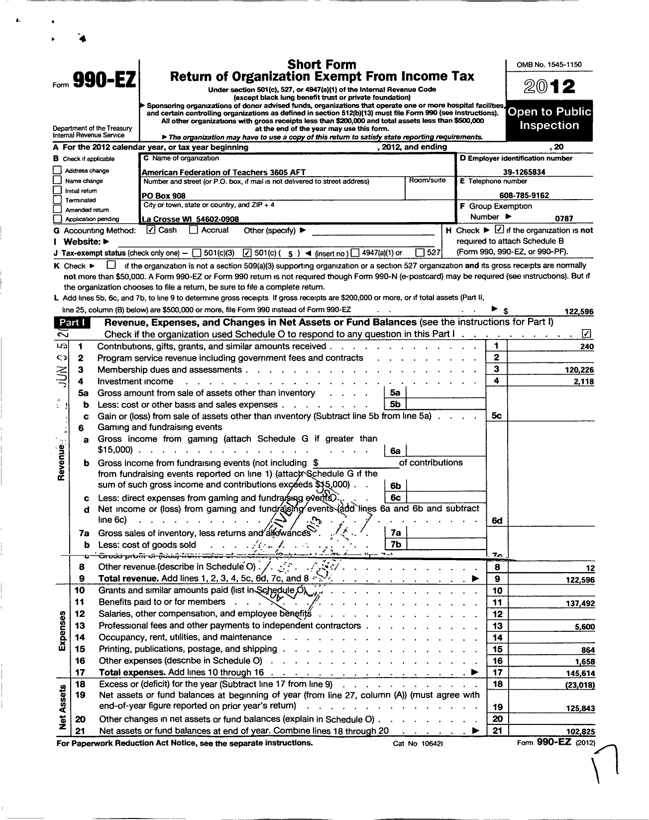 Image of first page of 2012 Form 990EO for American Federation of Teachers - 3605 Western Wisconsin Tech Inst