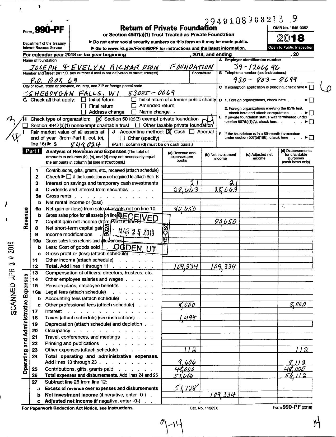 Image of first page of 2018 Form 990PF for Joseph and Evelyn Richardson Foundation
