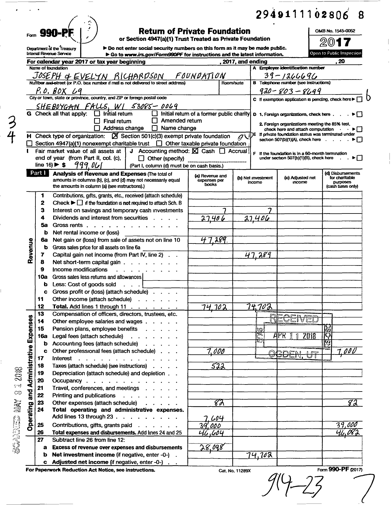 Image of first page of 2017 Form 990PF for Joseph and Evelyn Richardson Foundation