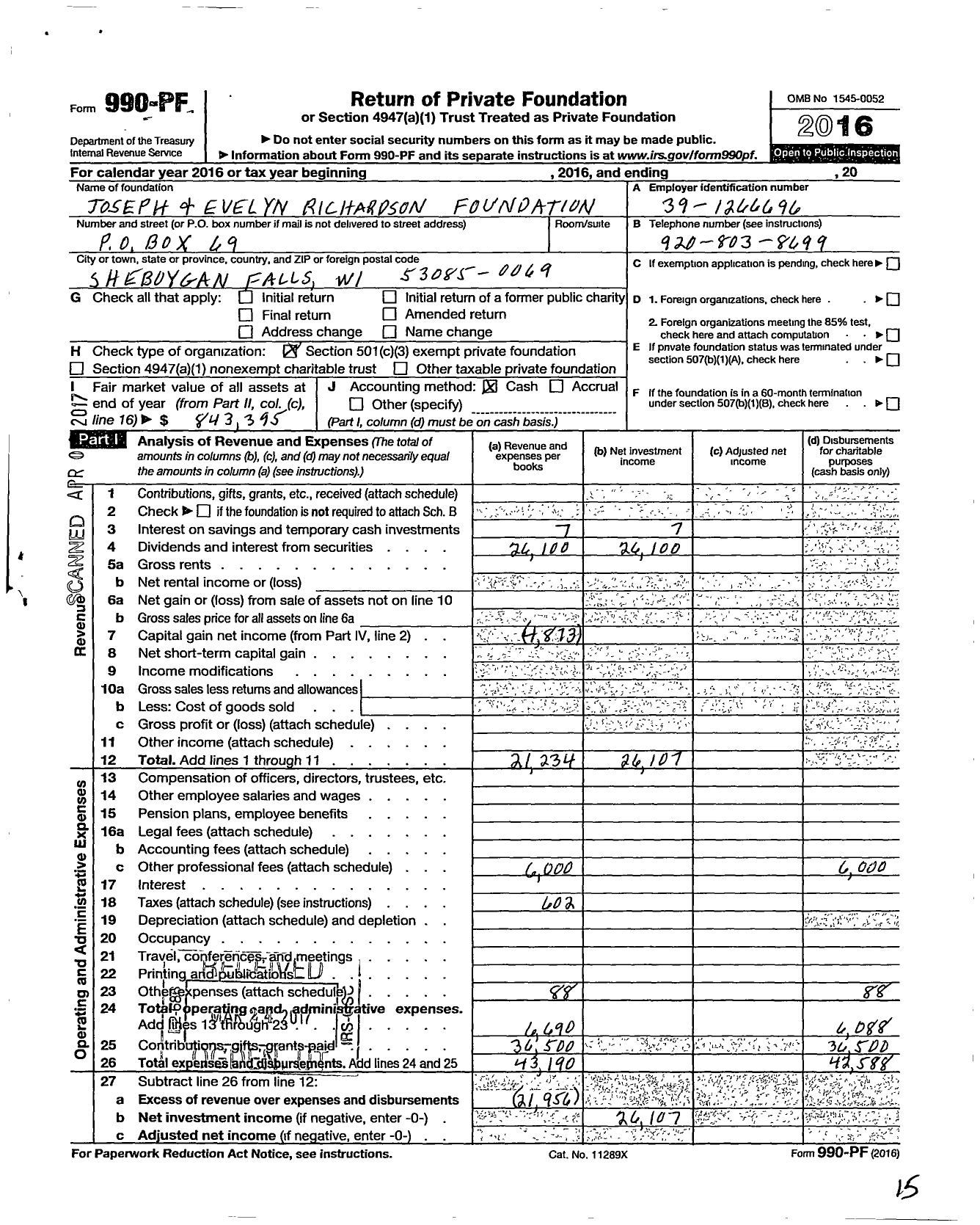 Image of first page of 2016 Form 990PF for Joseph and Evelyn Richardson Foundation