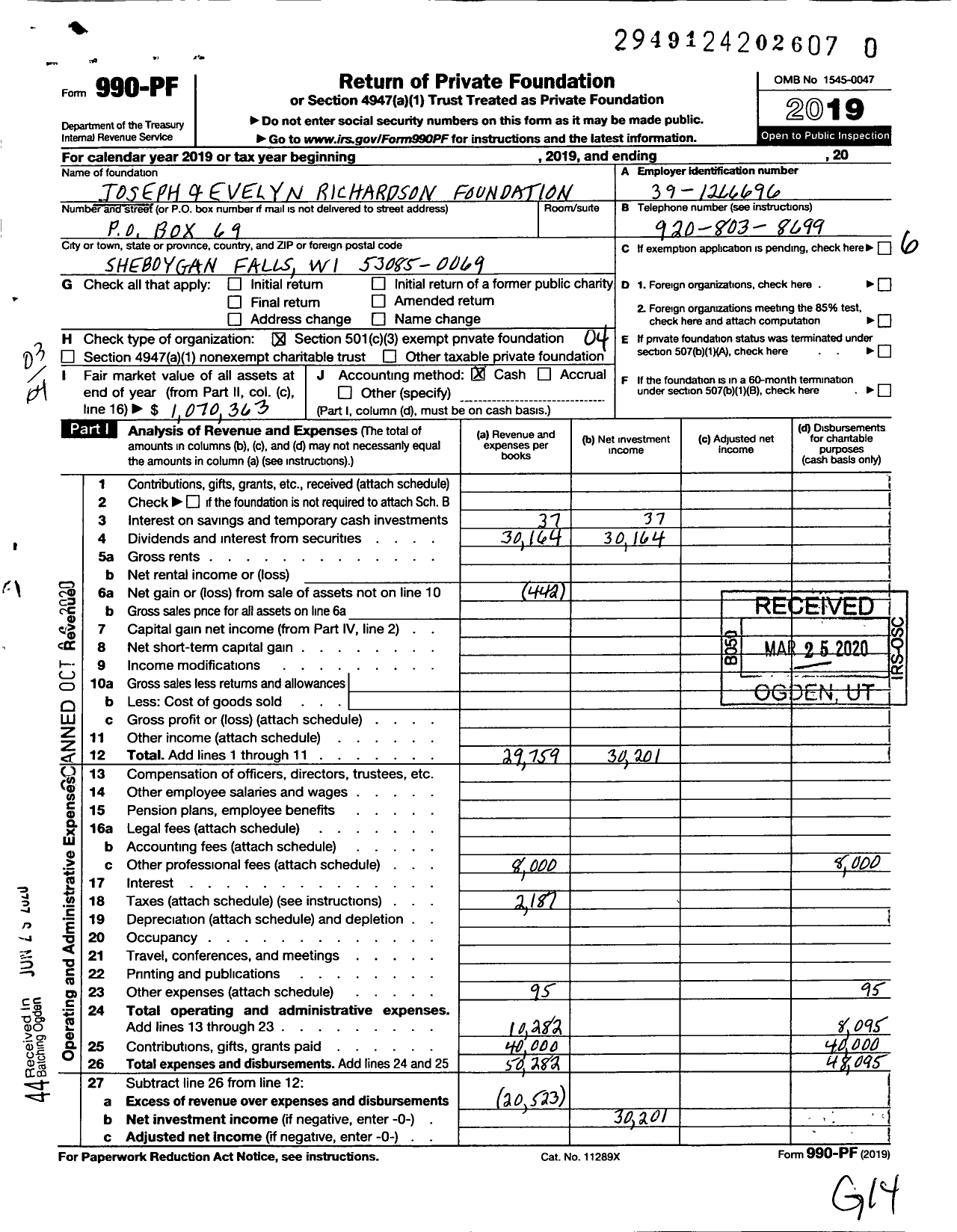 Image of first page of 2019 Form 990PR for Joseph and Evelyn Richardson Foundation