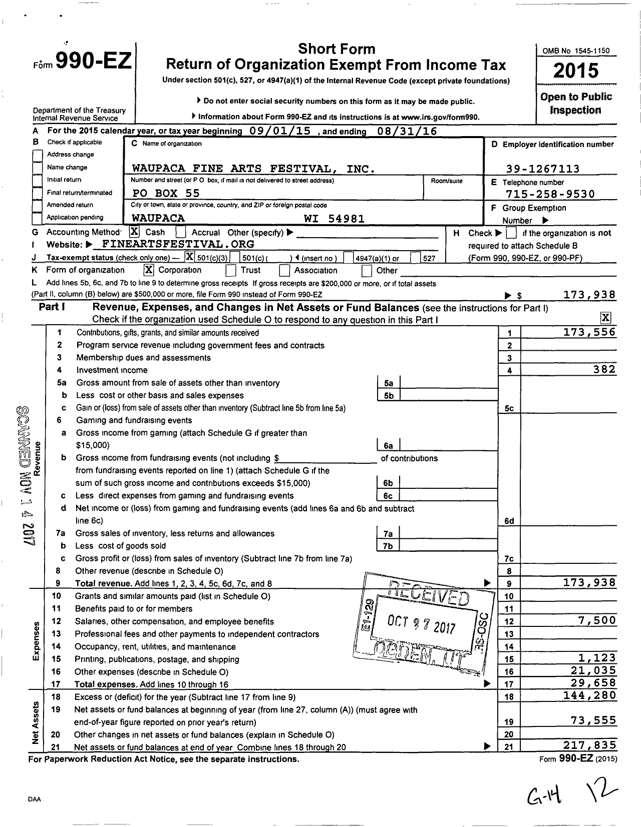 Image of first page of 2015 Form 990EZ for Waupaca Fine Arts Festival Incorporated