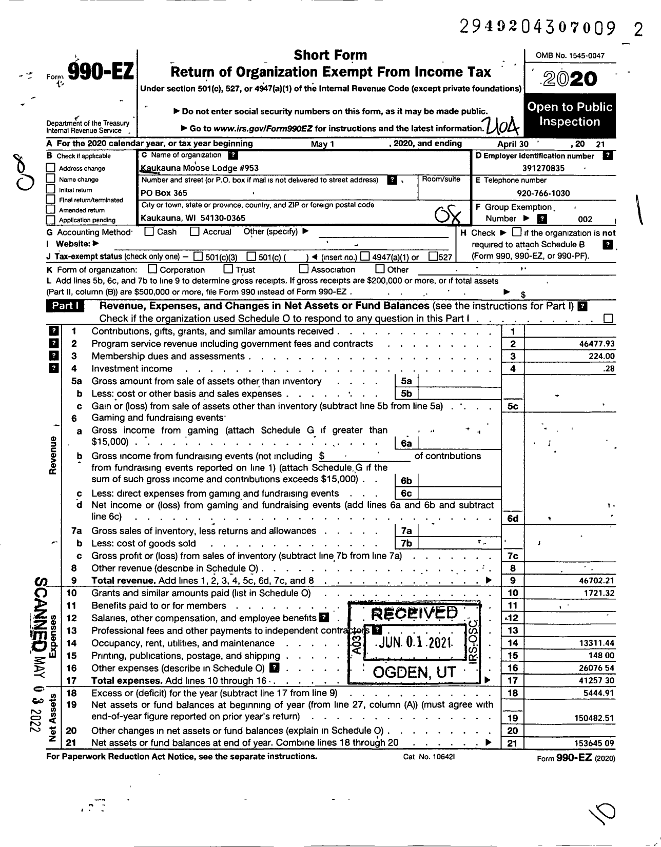 Image of first page of 2020 Form 990EO for Loyal Order of Moose - 953