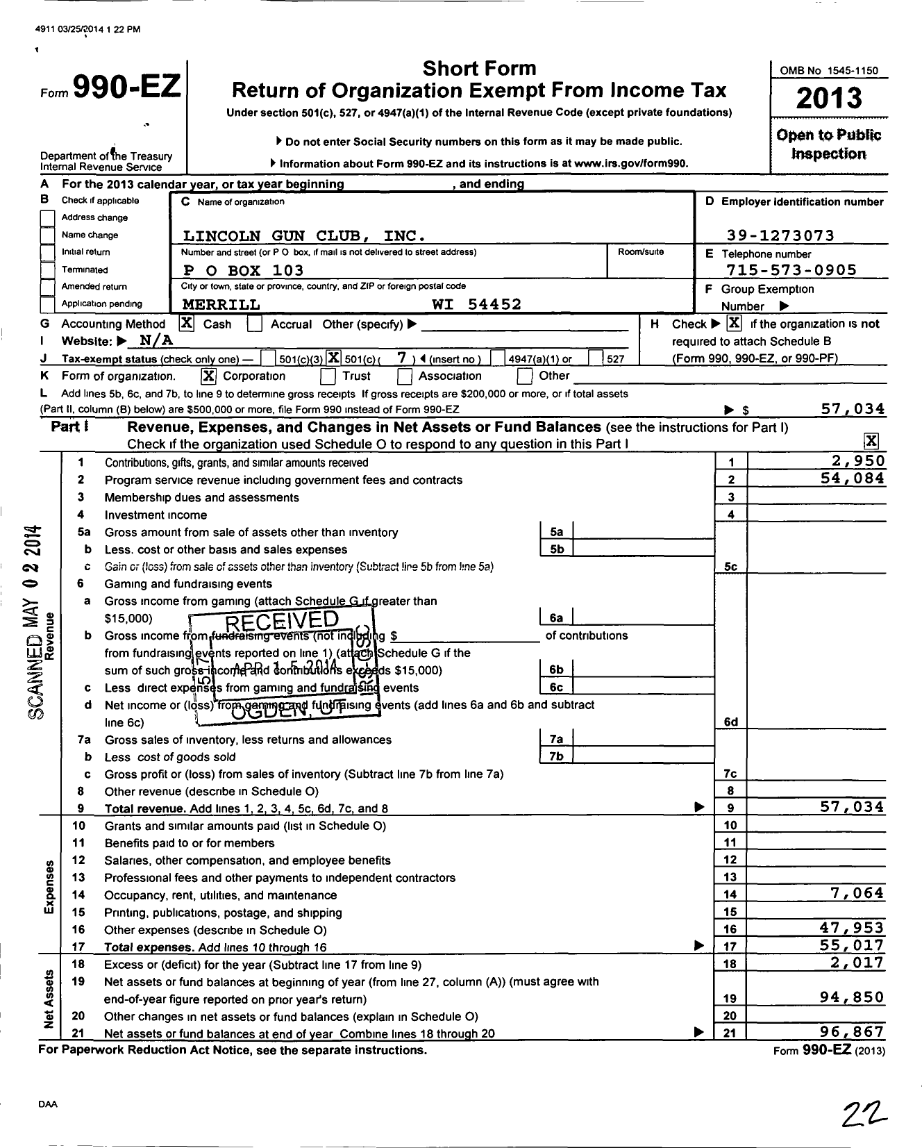 Image of first page of 2013 Form 990EO for Lincoln Gun Club