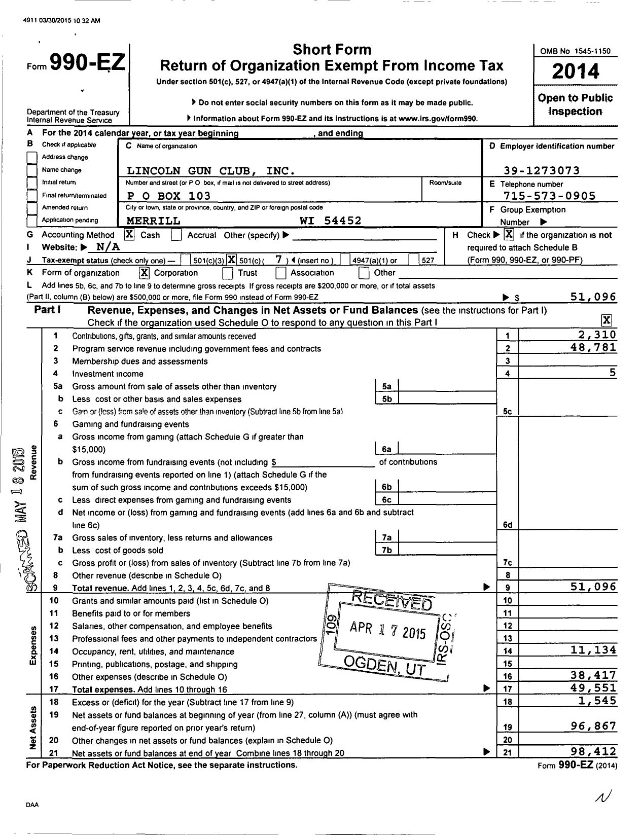 Image of first page of 2014 Form 990EO for Lincoln Gun Club