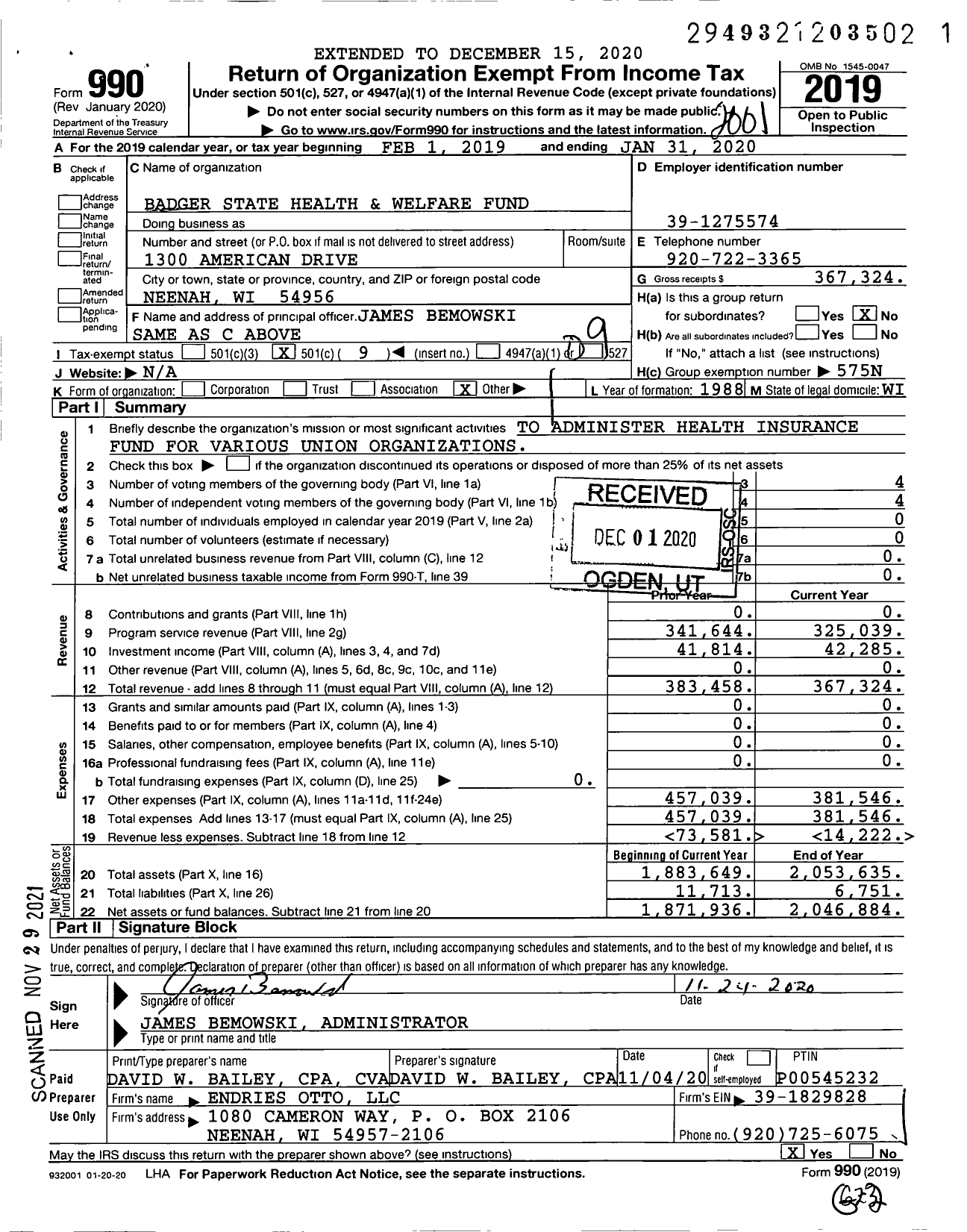 Image of first page of 2019 Form 990O for Badger State Health and Welfare Fund