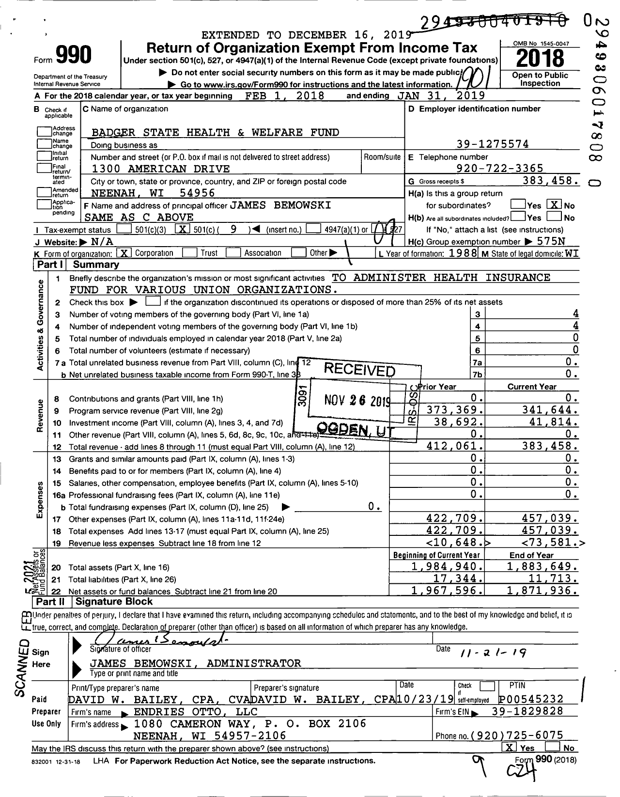 Image of first page of 2018 Form 990O for Badger State Health and Welfare Fund