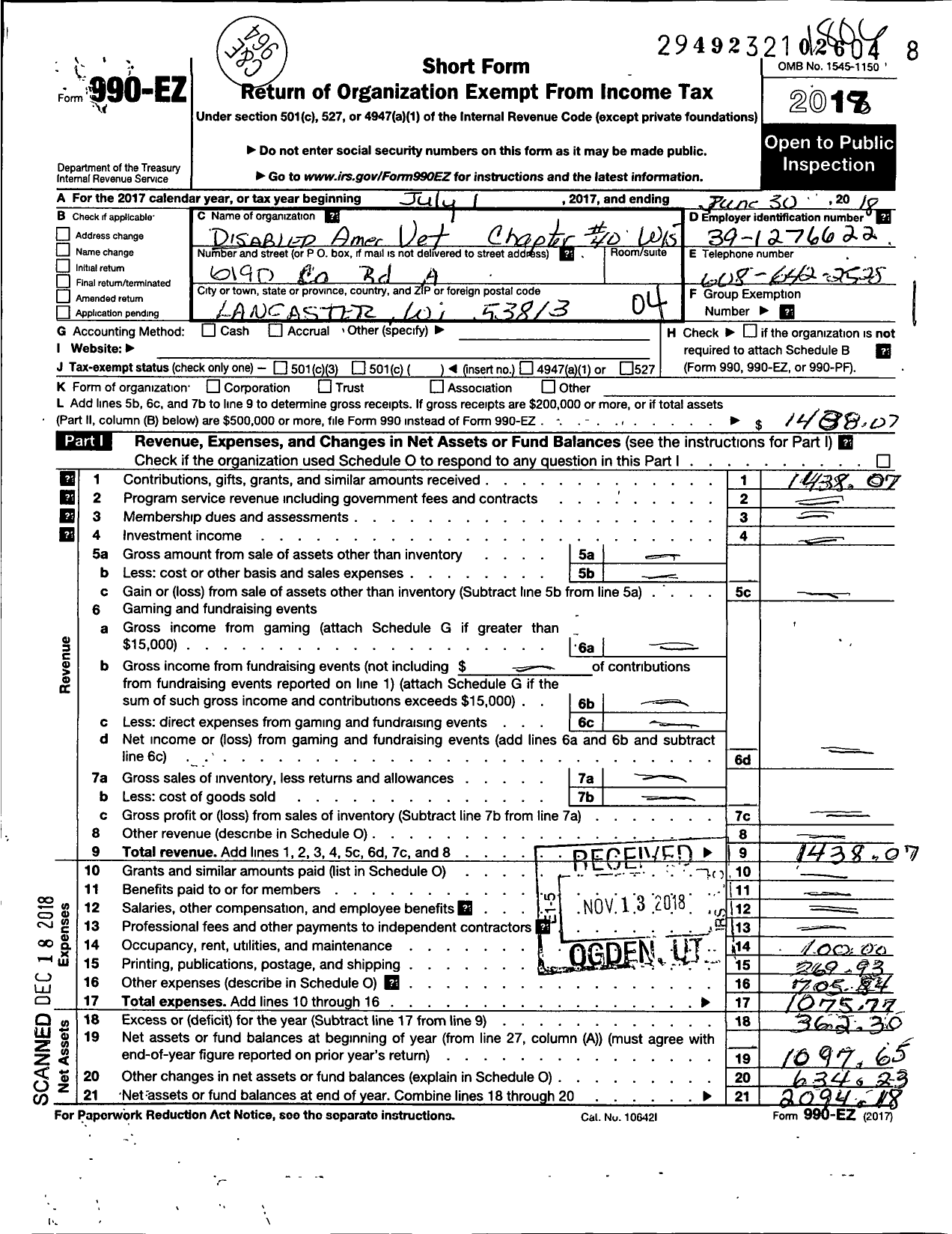 Image of first page of 2017 Form 990EO for Disabled American Veterans