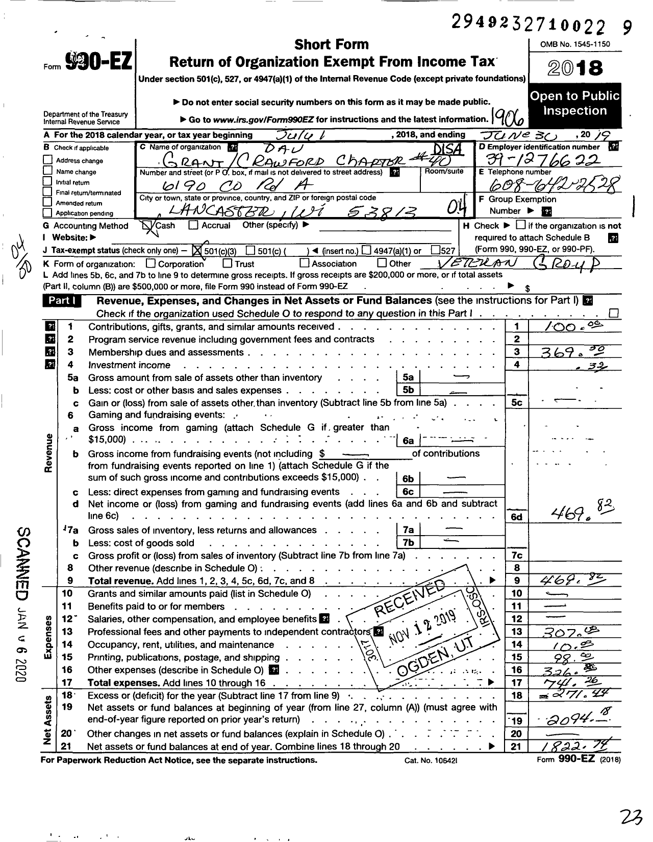 Image of first page of 2018 Form 990EO for Disabled American Veterans