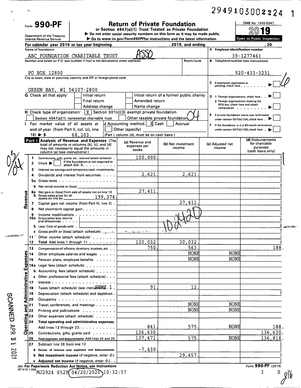 Image of first page of 2019 Form 990PF for Abc Foundation Charitable Trust