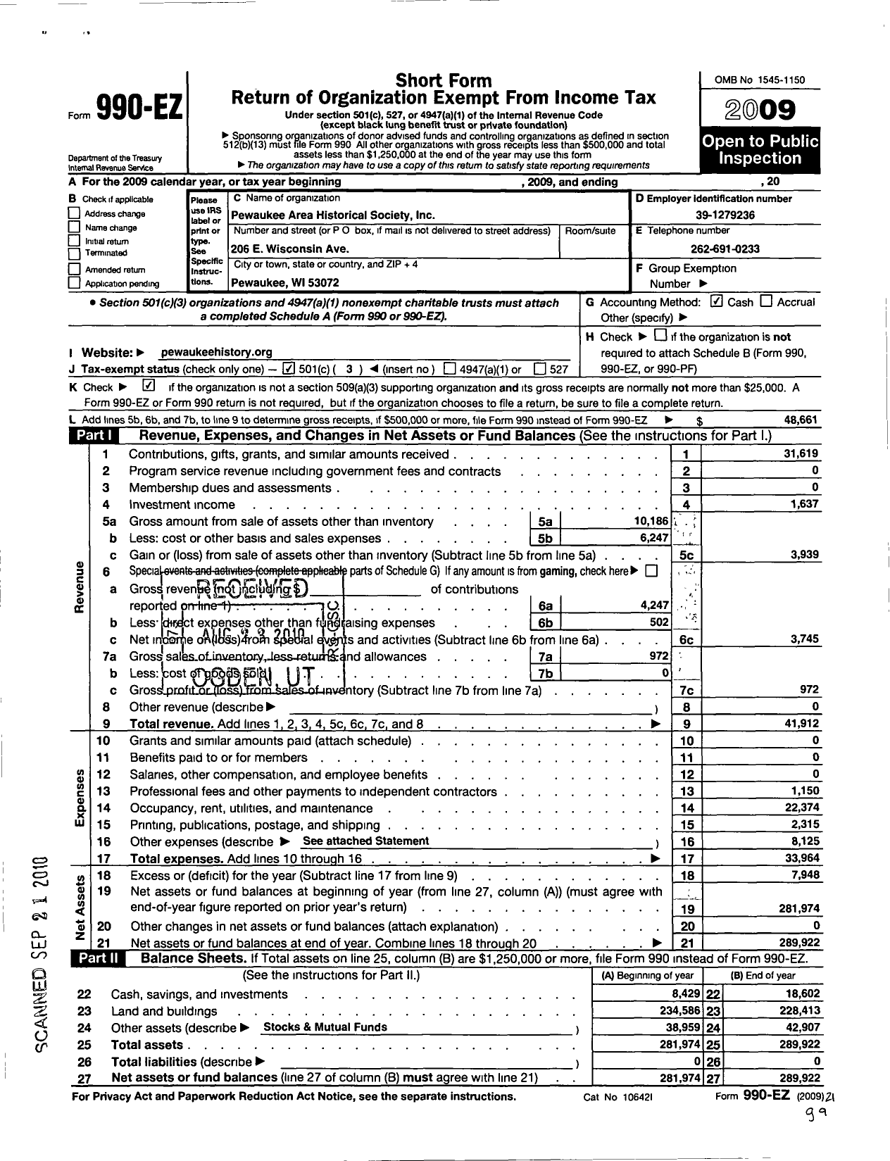 Image of first page of 2009 Form 990EZ for Pewaukee Area Historical Society