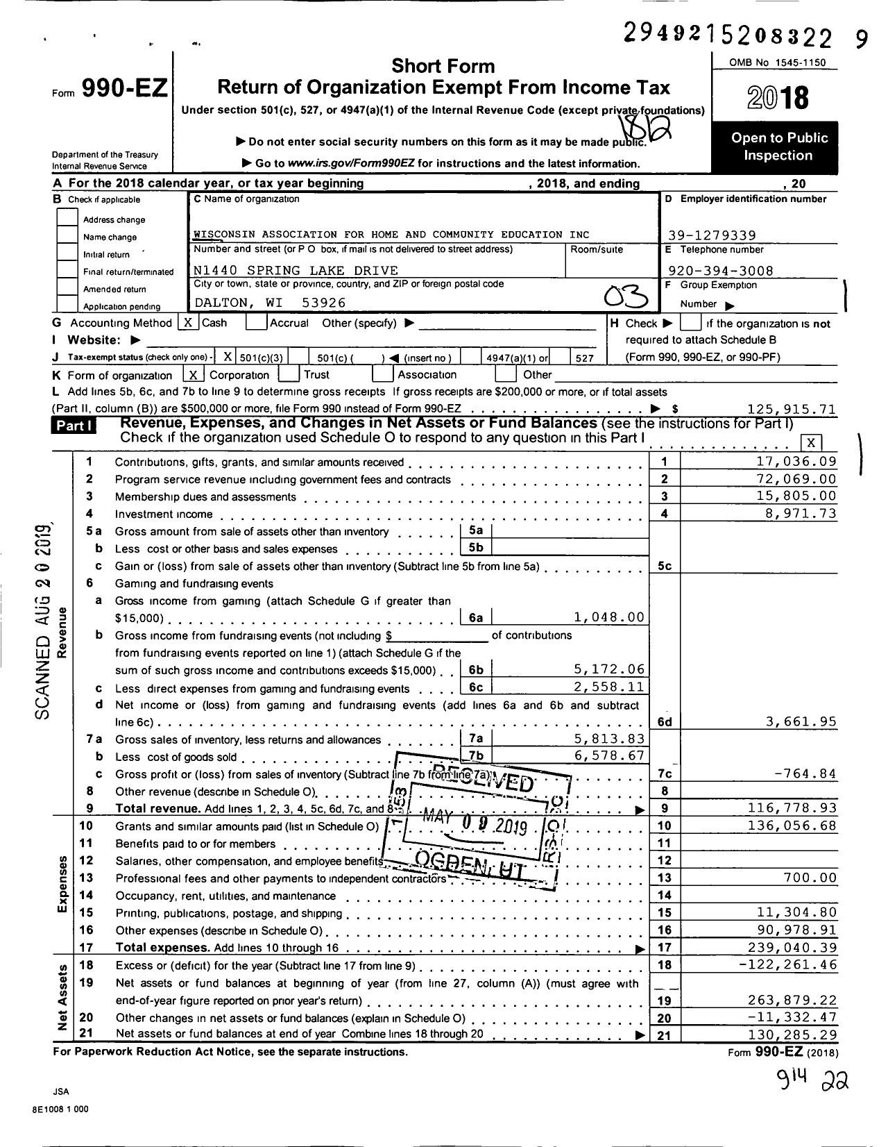 Image of first page of 2018 Form 990EZ for Wisconsin Association for Home and