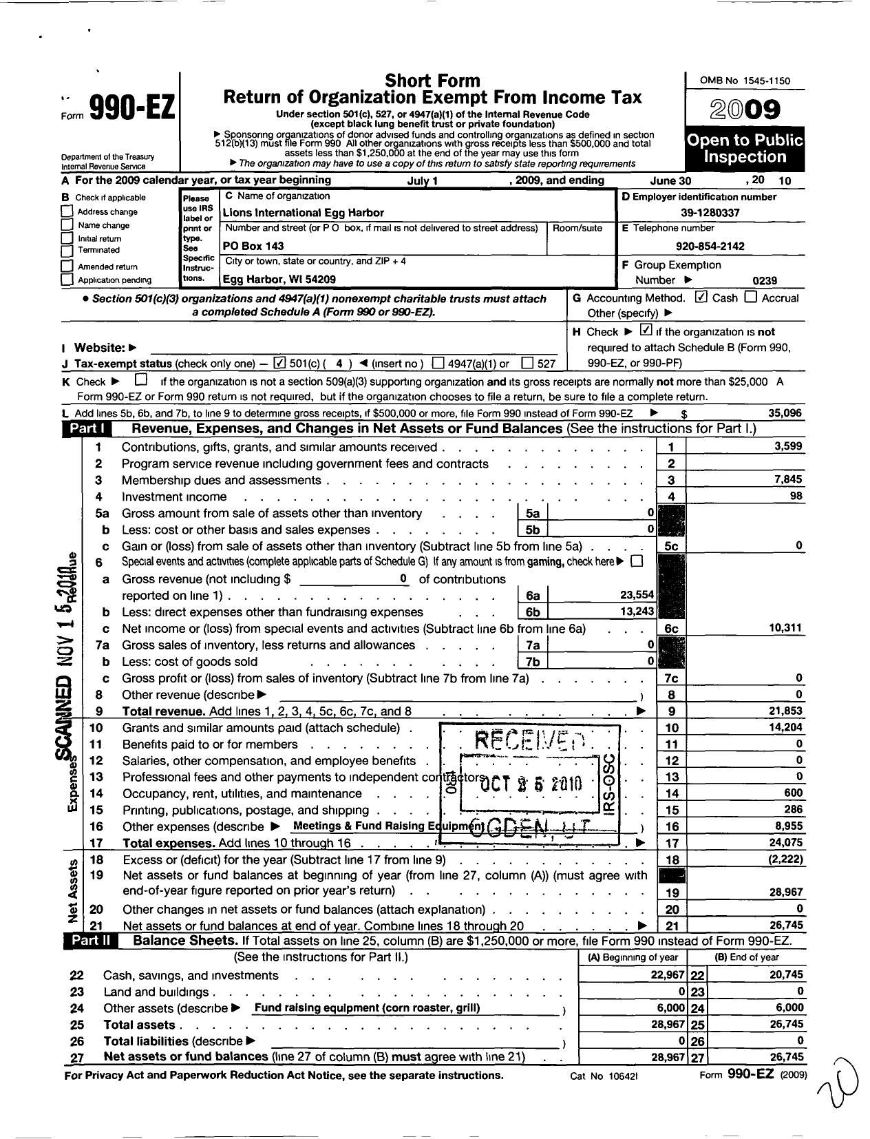 Image of first page of 2009 Form 990EO for Lions Clubs - 10478 Egg Harbor