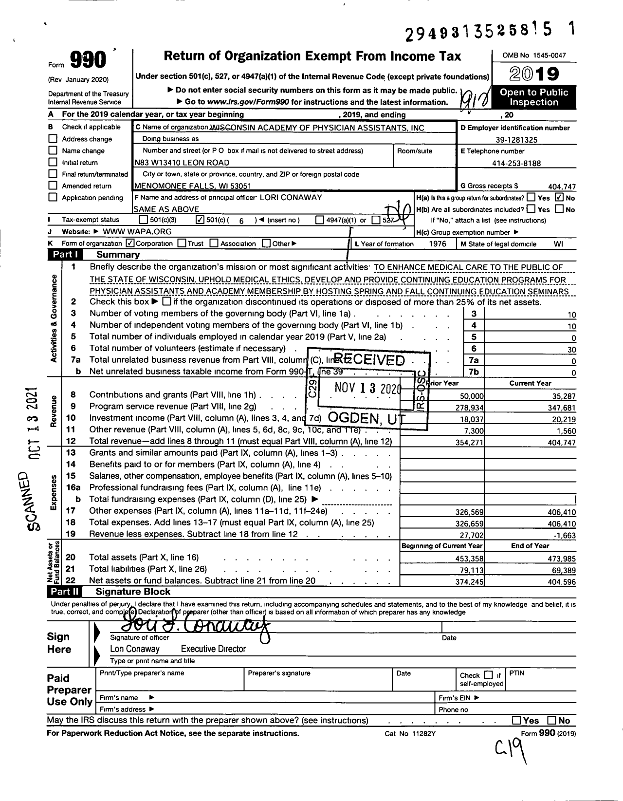 Image of first page of 2019 Form 990O for Wisconsin Academy of Pas