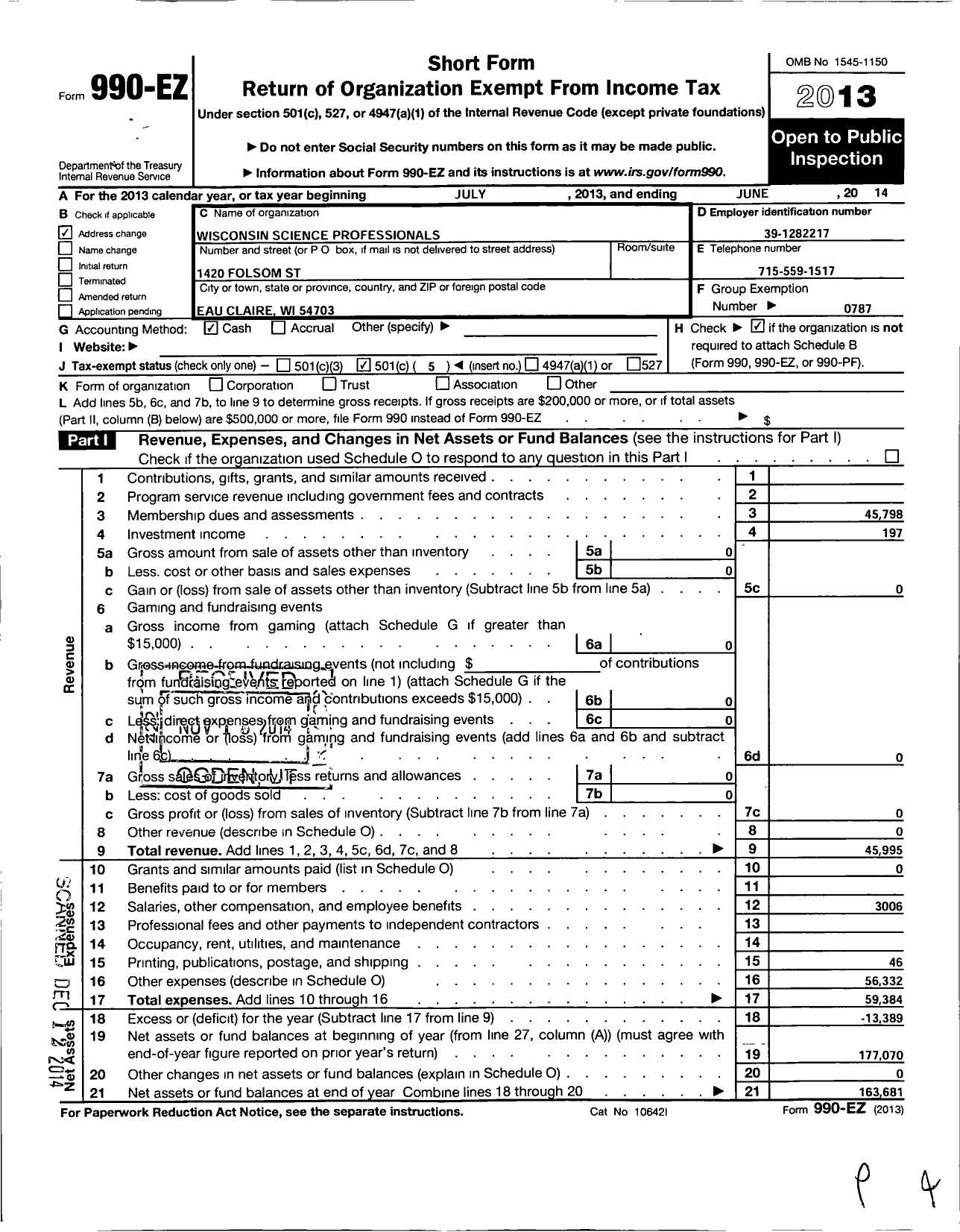 Image of first page of 2013 Form 990EO for American Federation of Teachers - 3732 Wisconsin Science Professional