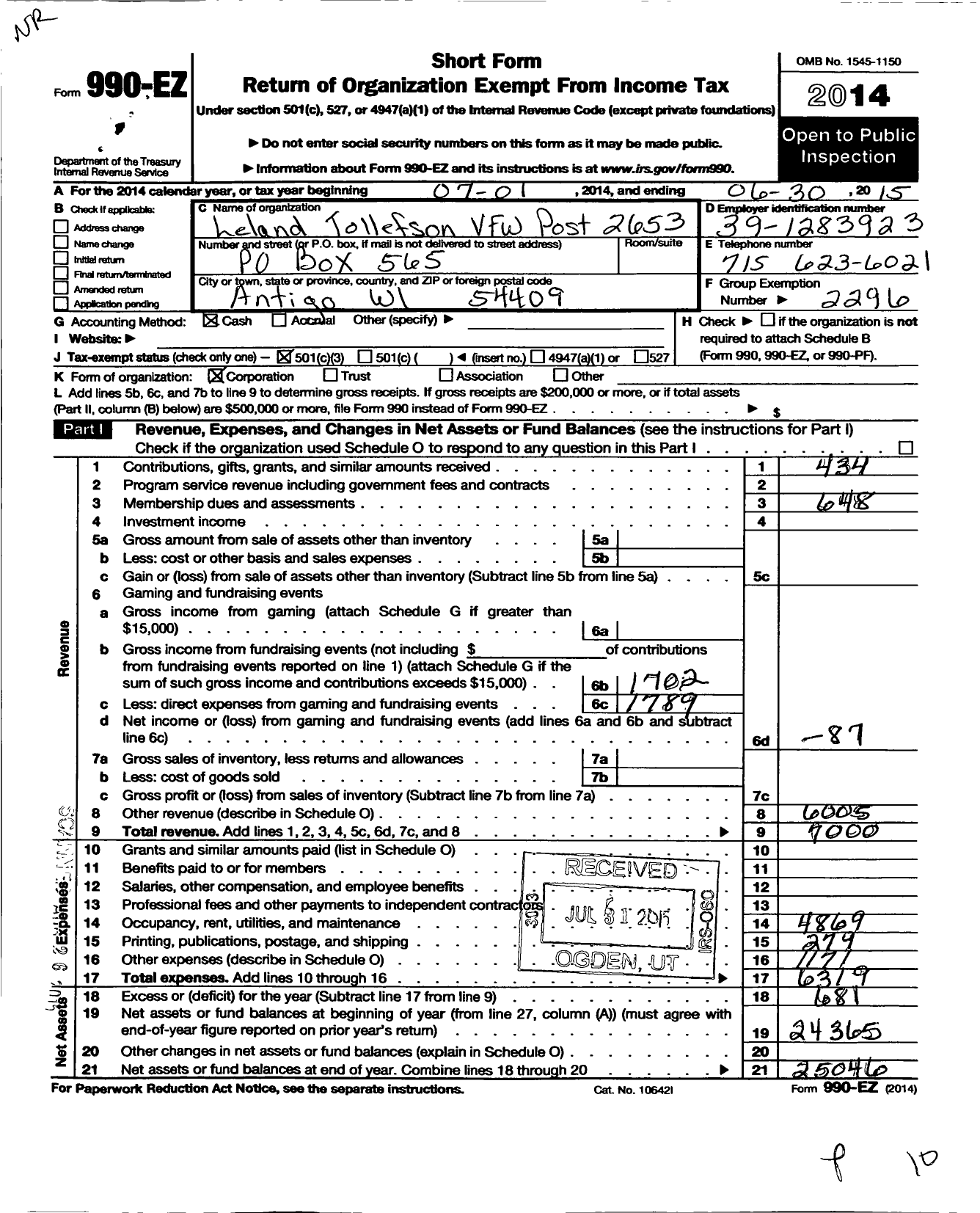 Image of first page of 2014 Form 990EZ for VFW Wi - 2653 Post Leland Tollefson