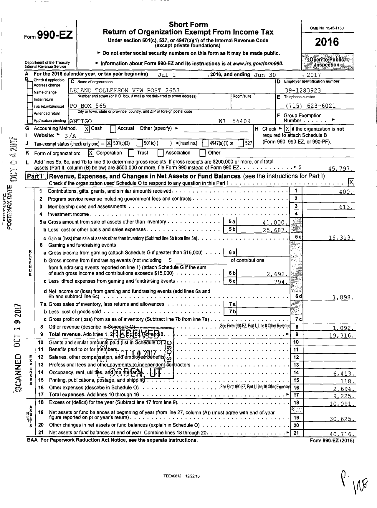 Image of first page of 2016 Form 990EZ for VFW Wi - 2653 Post Leland Tollefson