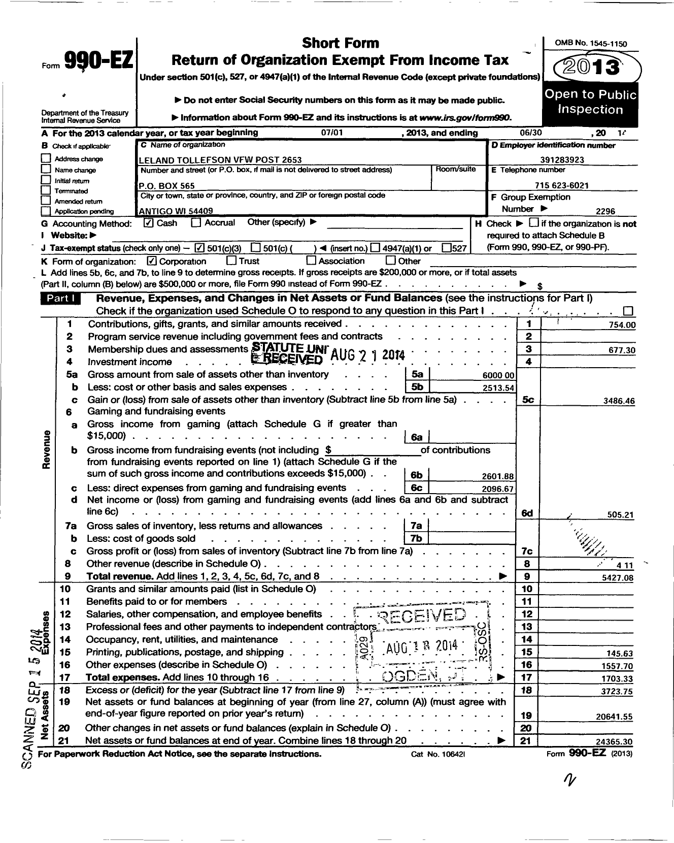 Image of first page of 2013 Form 990EZ for VFW Wi - 2653 Post Leland Tollefson