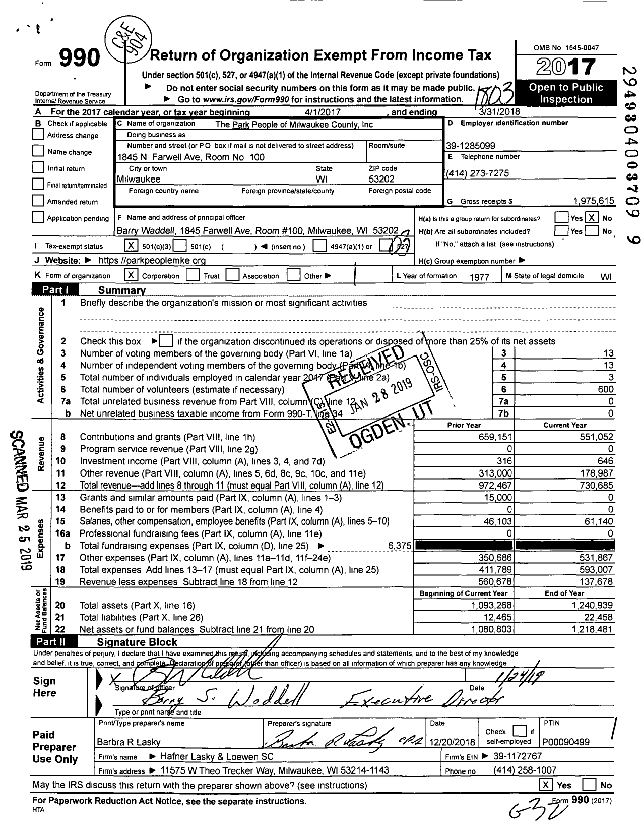 Image of first page of 2017 Form 990 for The Park People of Milwaukee County