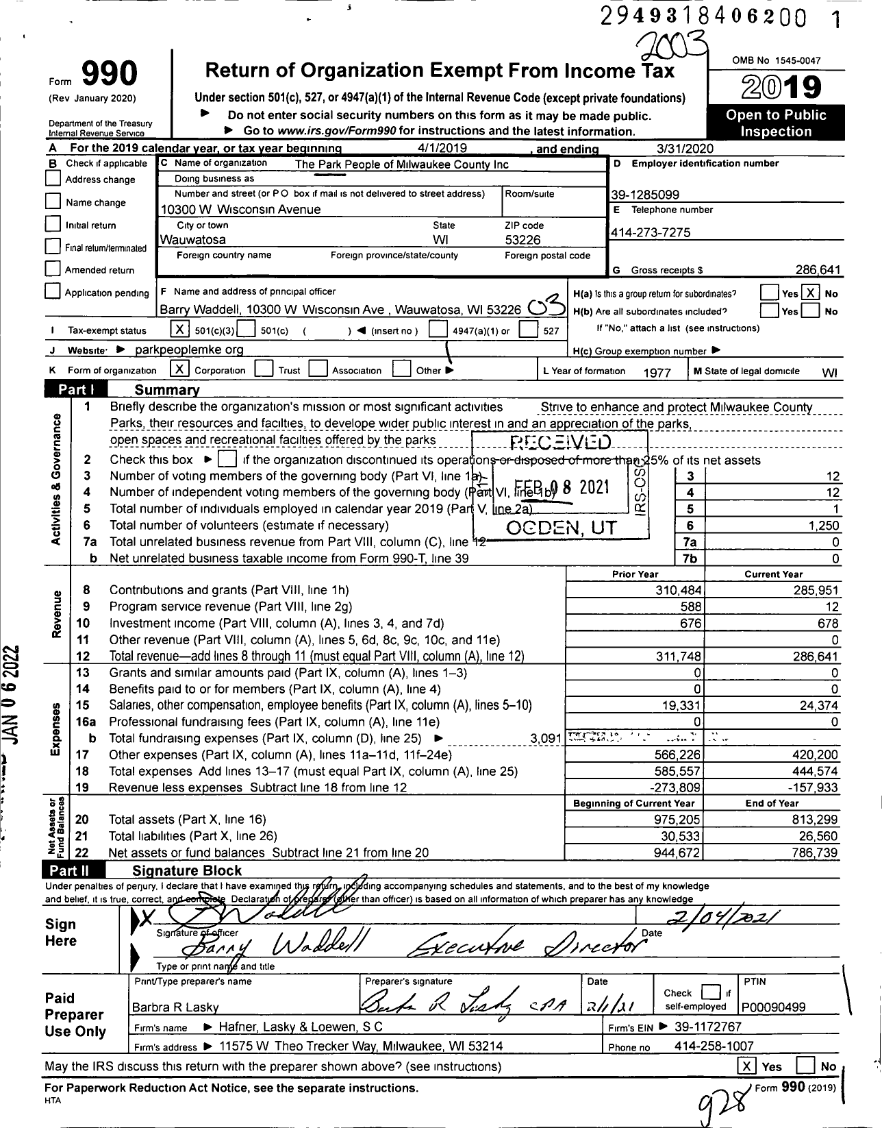 Image of first page of 2019 Form 990 for The Park People of Milwaukee County